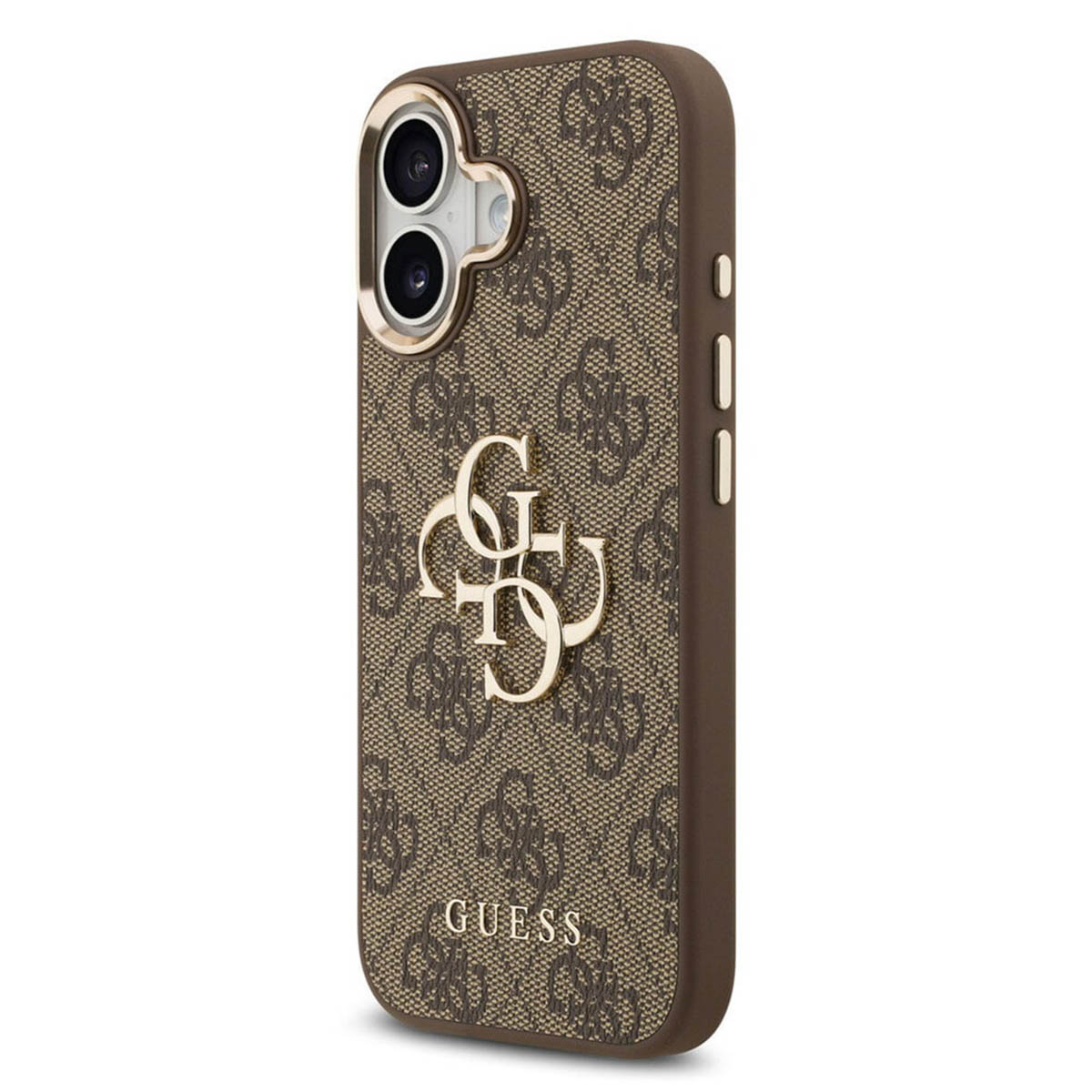 Custodia marrone per telefono con logo GUESS e motivo monogramma.