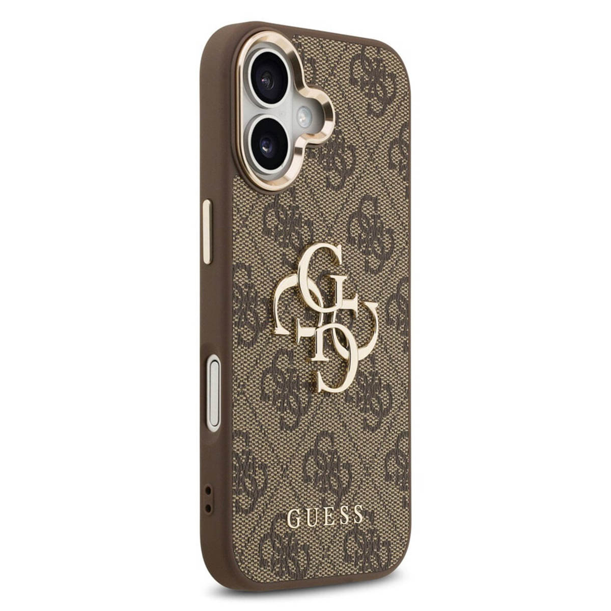 Custodia per telefono marrone con logo Guess e motivo monogramma.