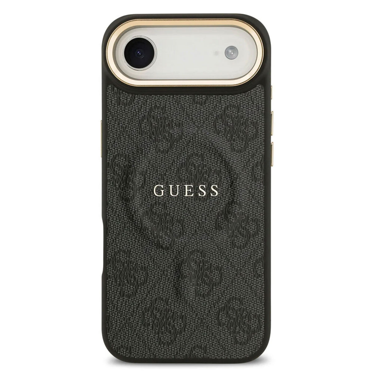 Custodia nera Guess per telefono con motivo a logo e ritaglio fotocamera.
