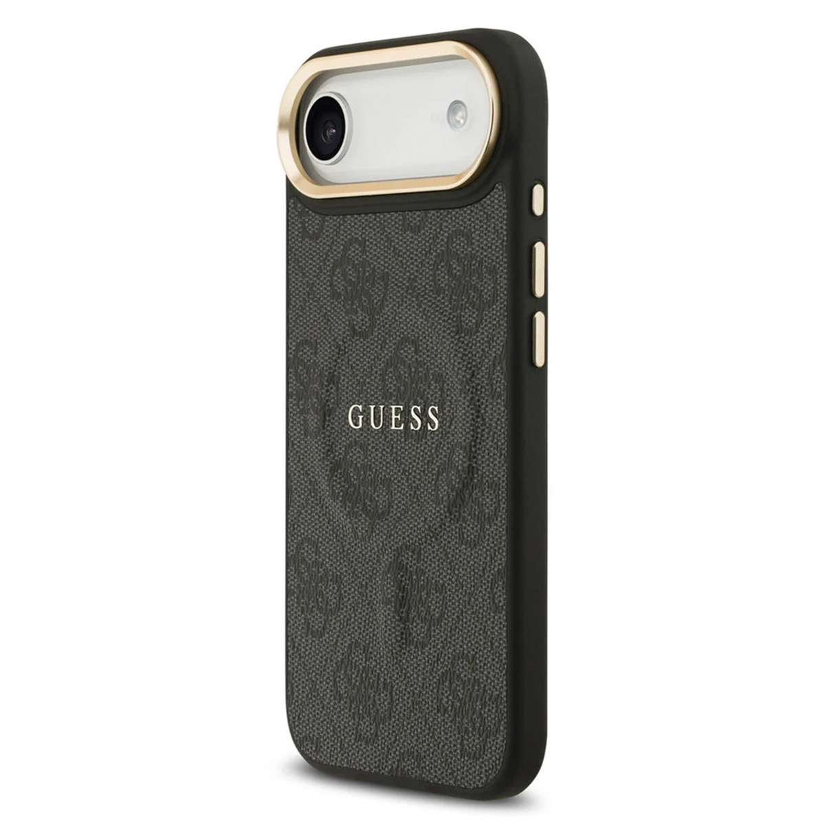 Custodia per telefono GUESS nera con stampa logo e cornice dorata per fotocamera.