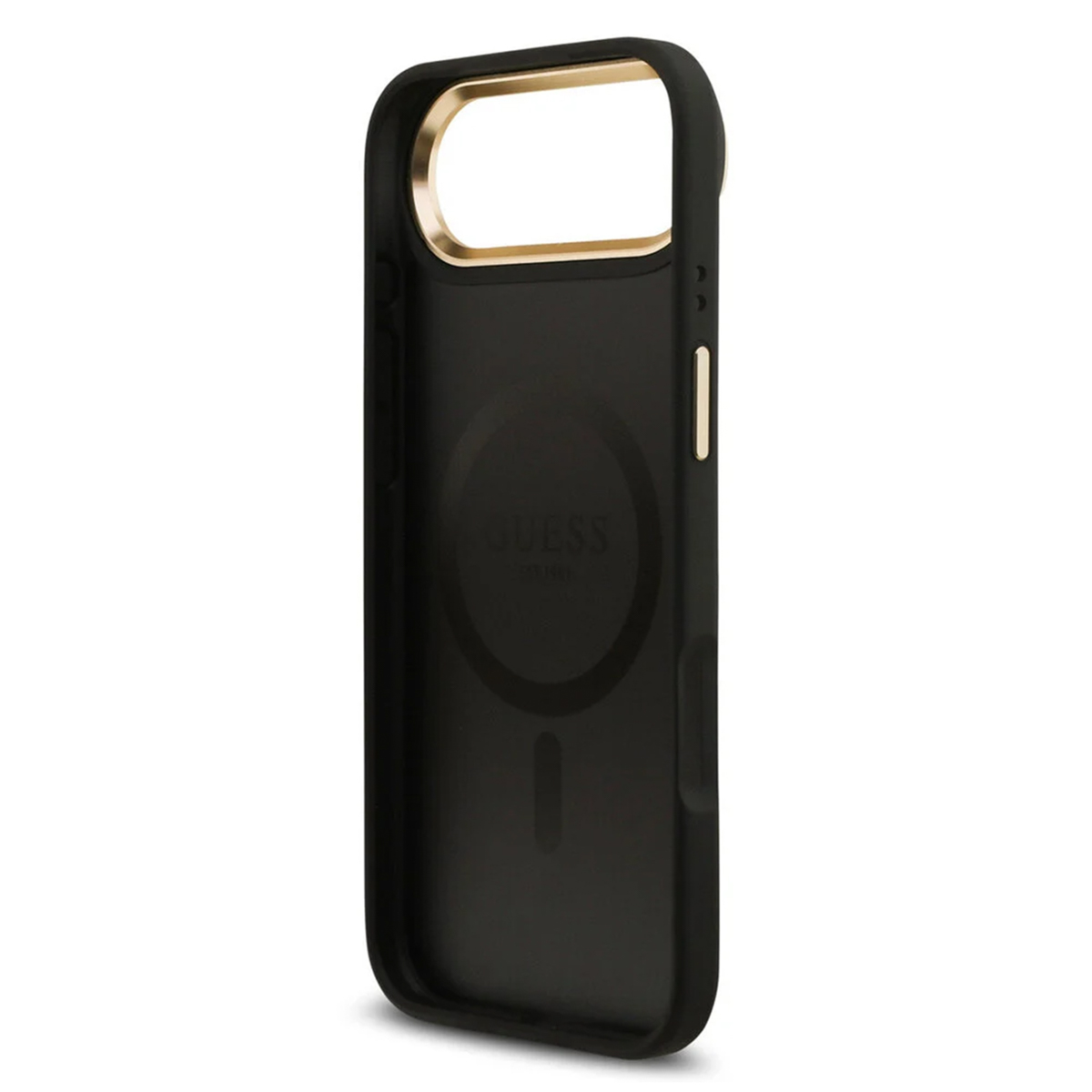 Custodia nera per telefono con bordo dorato e logo GUESS.