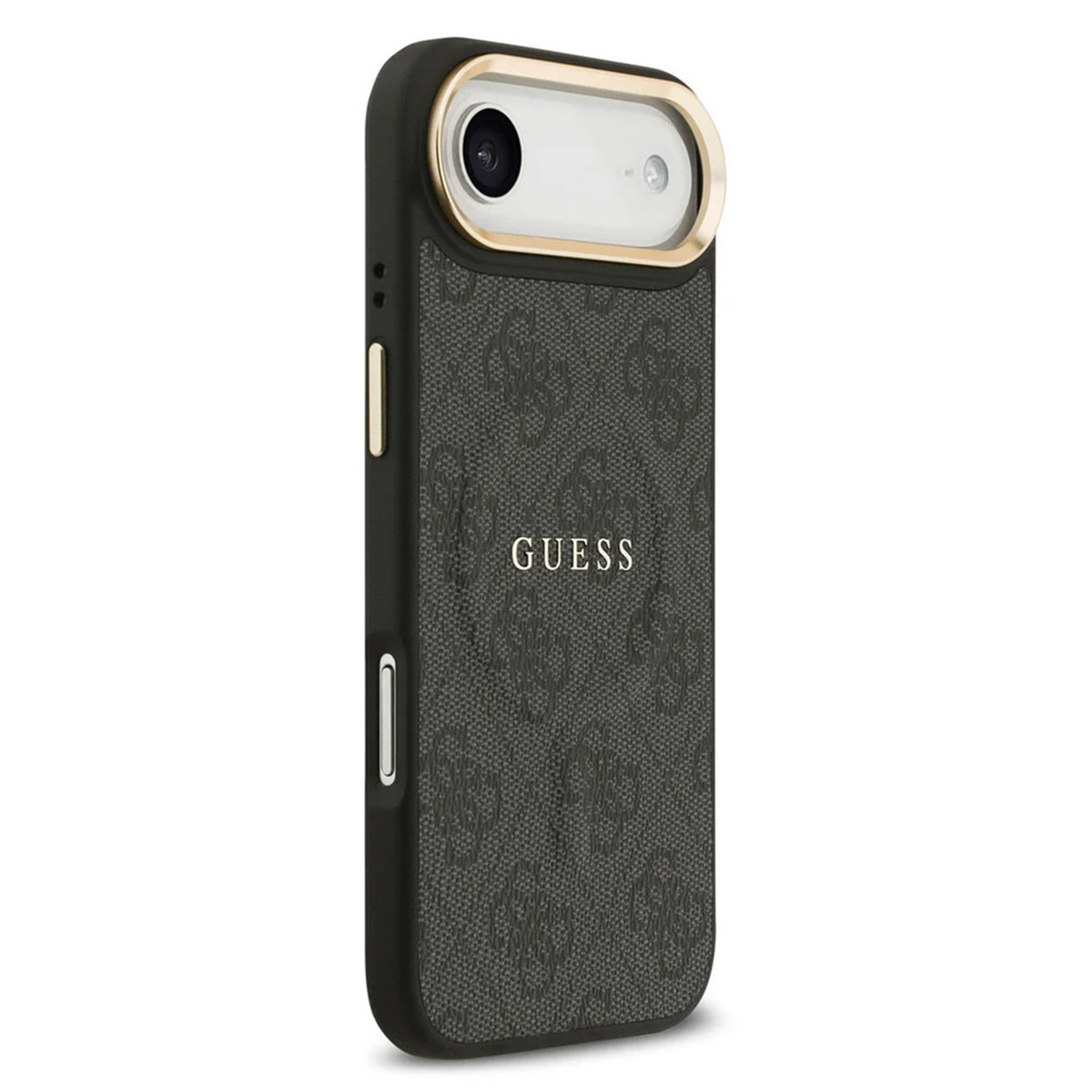 Custodia nera per telefono con logo Guess e bordo dorato attorno alla fotocamera.