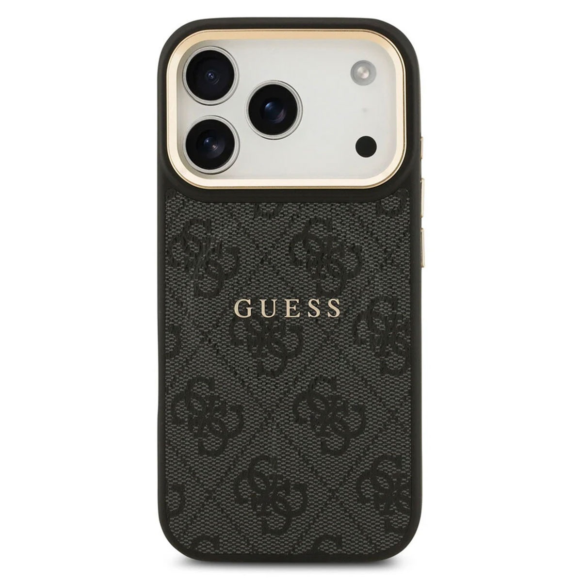 Custodia nera per iPhone con bordo dorato intorno alla fotocamera, logo Guess.