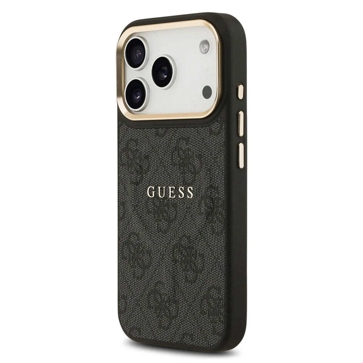 Custodia nera per telefono con logo GUESS e tre obiettivi.
