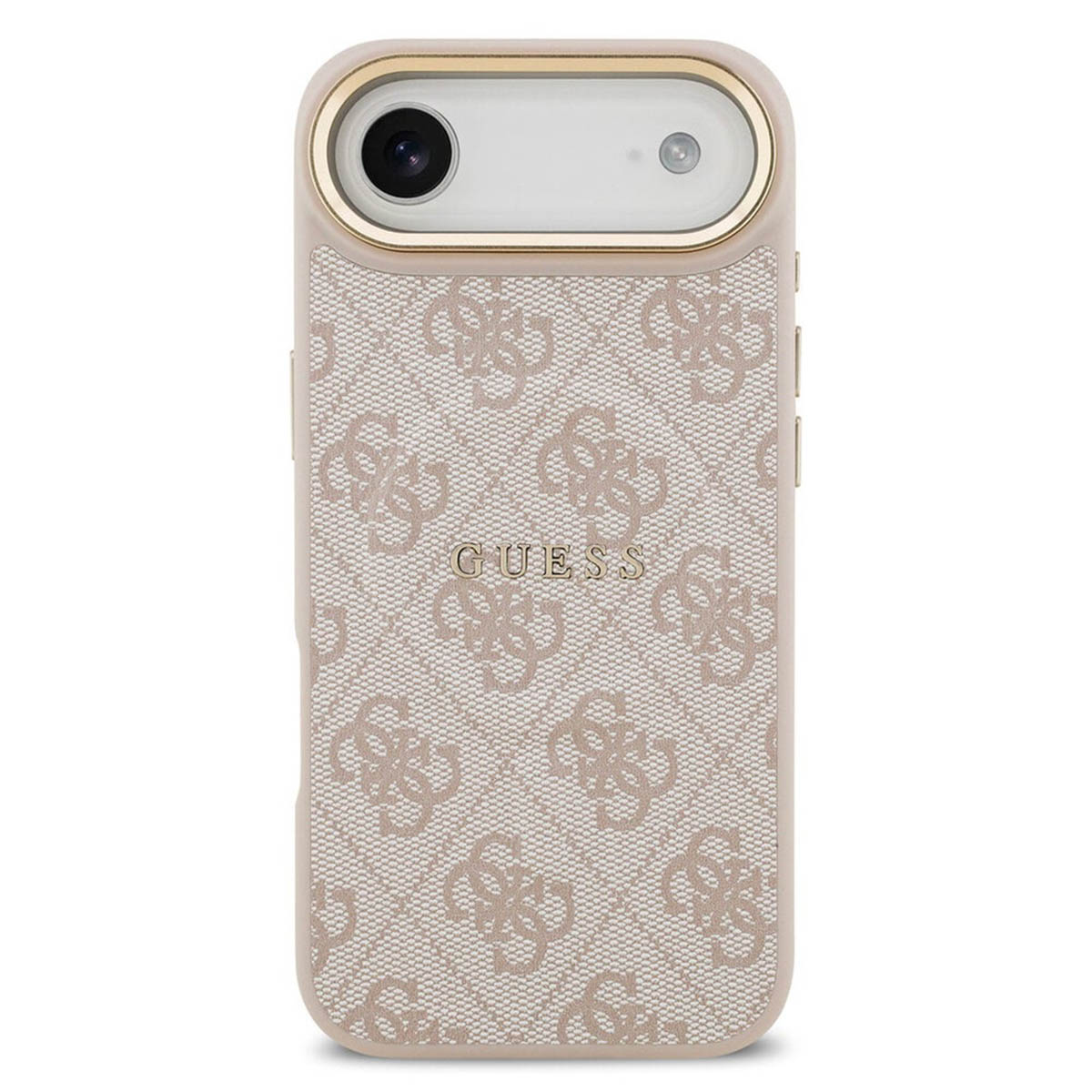 Una custodia Guess beige con il logo del marchio ripetuto in motivo.