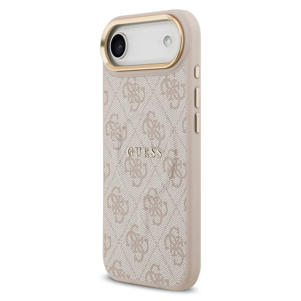 Una custodia per telefono beige con motivo logo GUESS e bordo dorato.