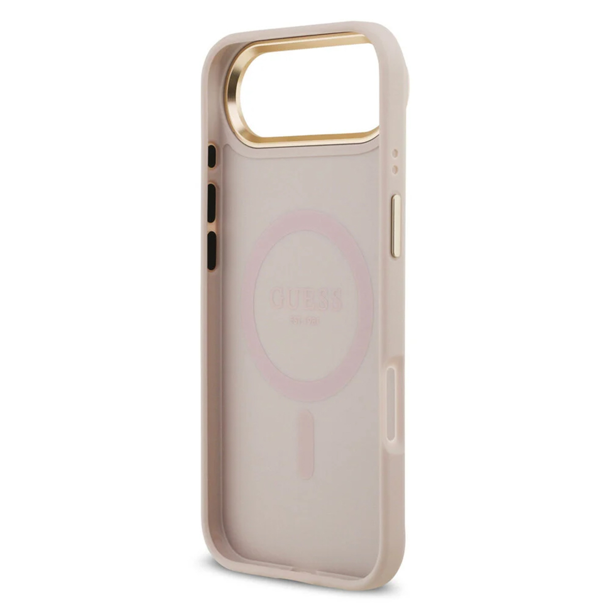 Una custodia rosa per telefono con bordo dorato e logo GUESS.