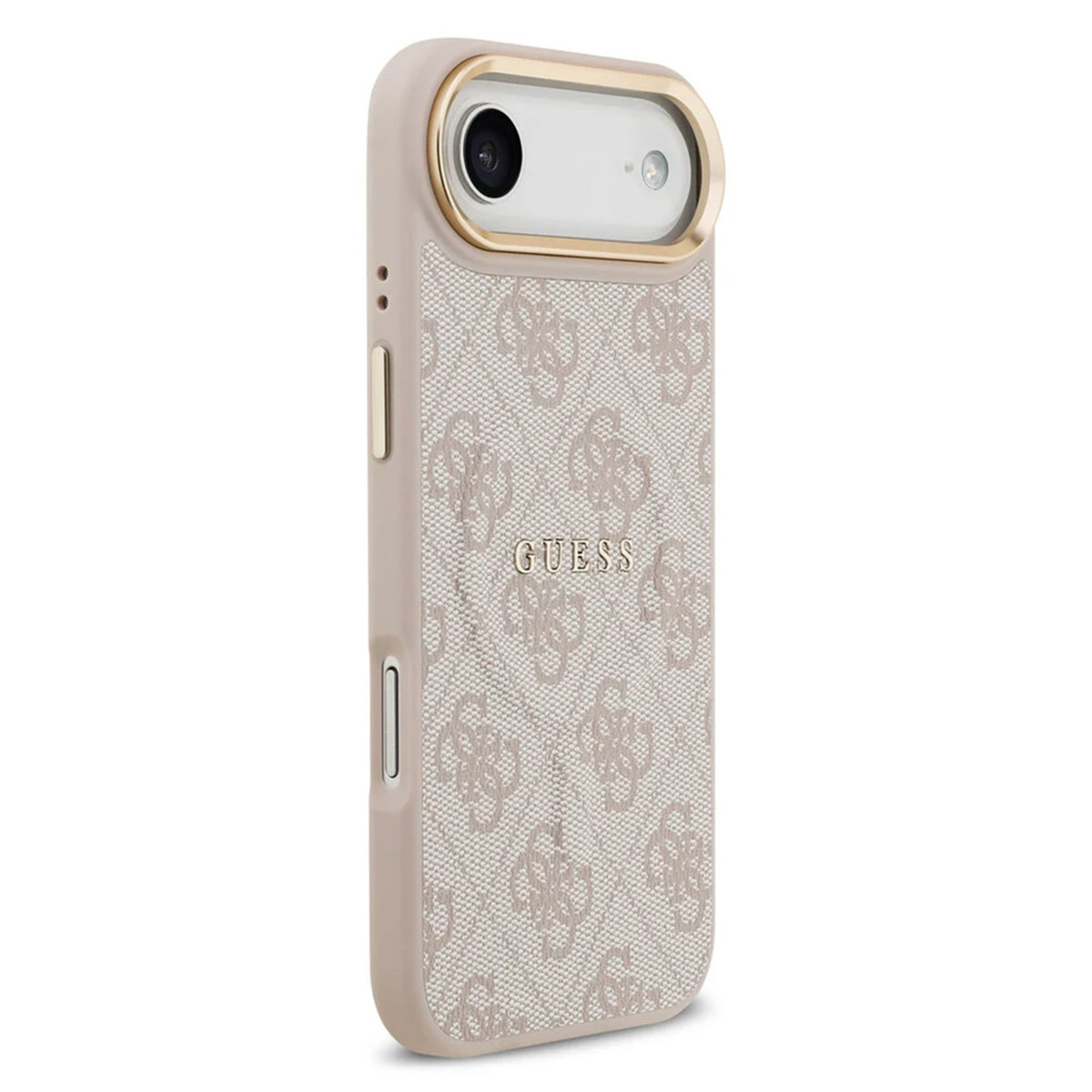 Una custodia beige per iPhone con bordo dorato attorno alla fotocamera, con motivo ripetuto del logo Guess.