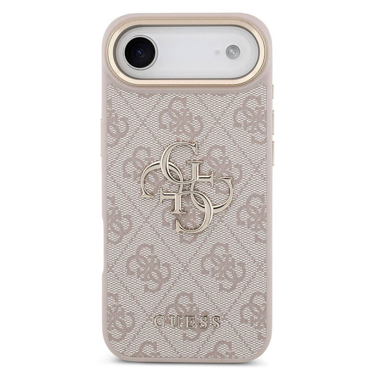 Una custodia per telefono beige con logo Guess e motivo monogramma.
