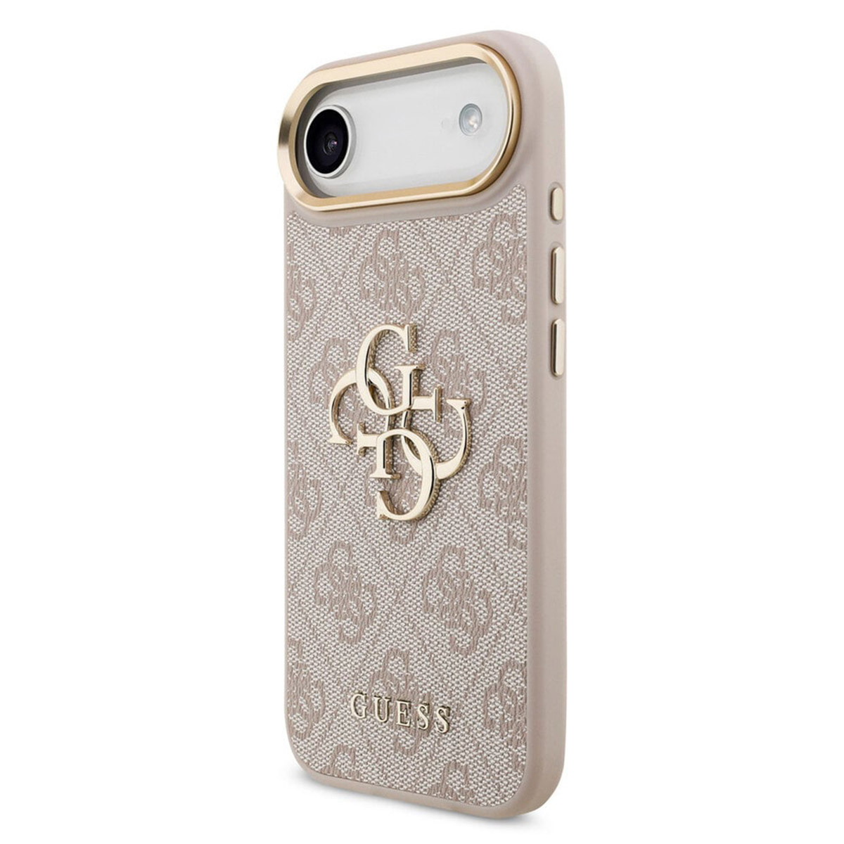 Una custodia beige in tessuto per iPhone con logo GUESS e ritaglio fotocamera.