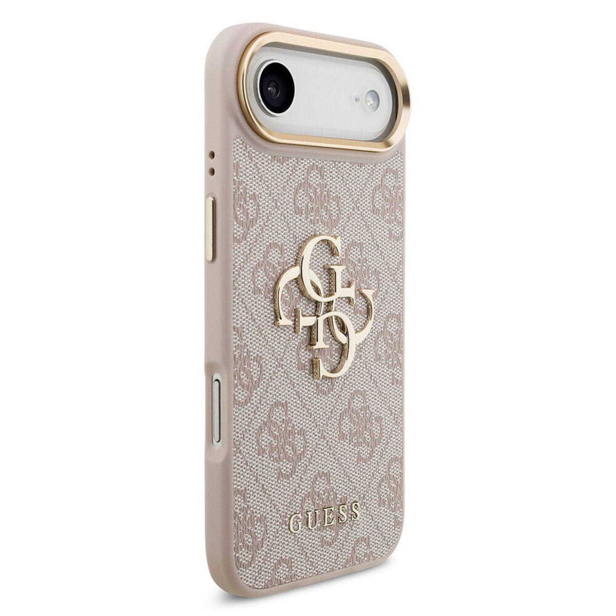 Una custodia per telefono beige con logo e fantasia Guess.