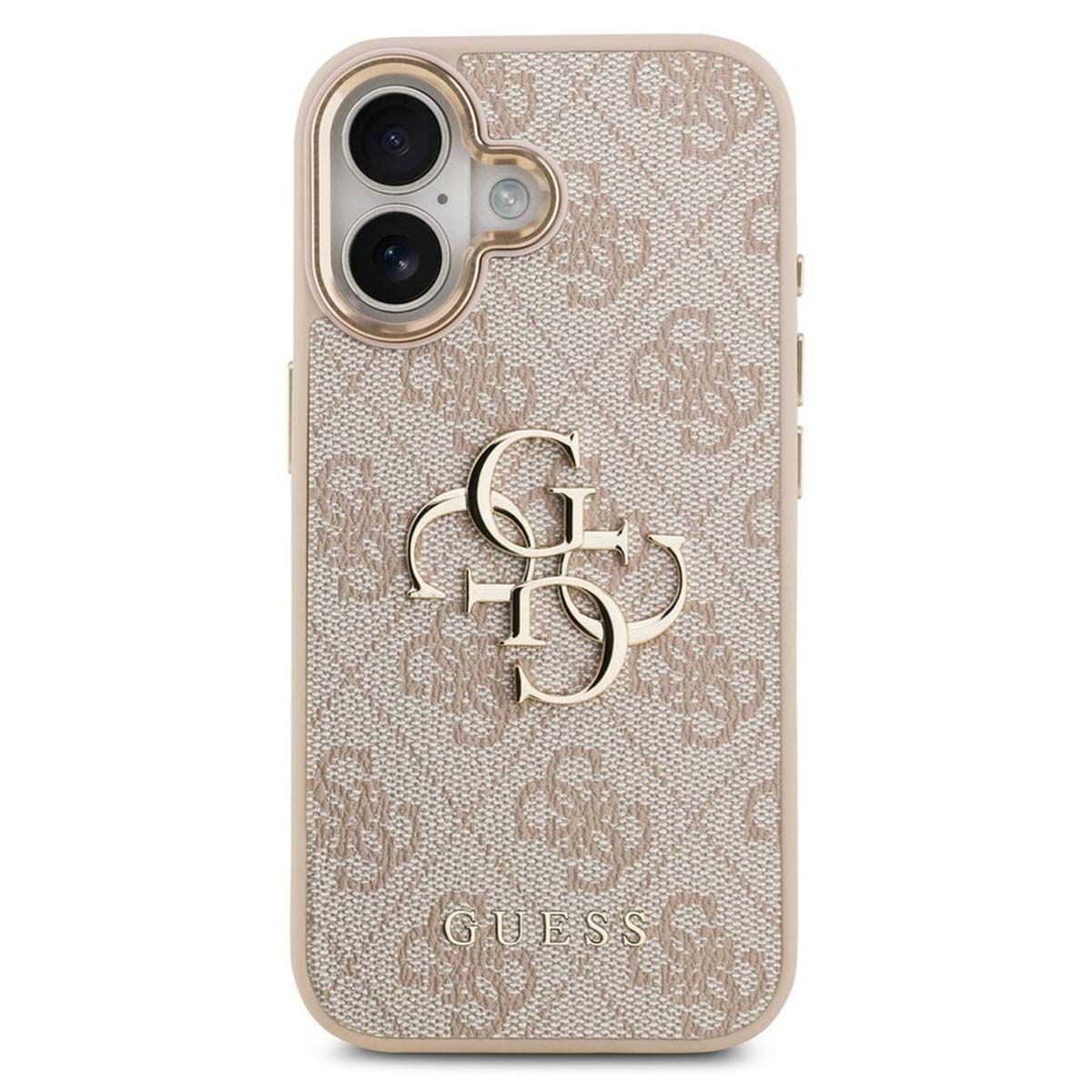 Una custodia Guess beige con logo e doppia lente.