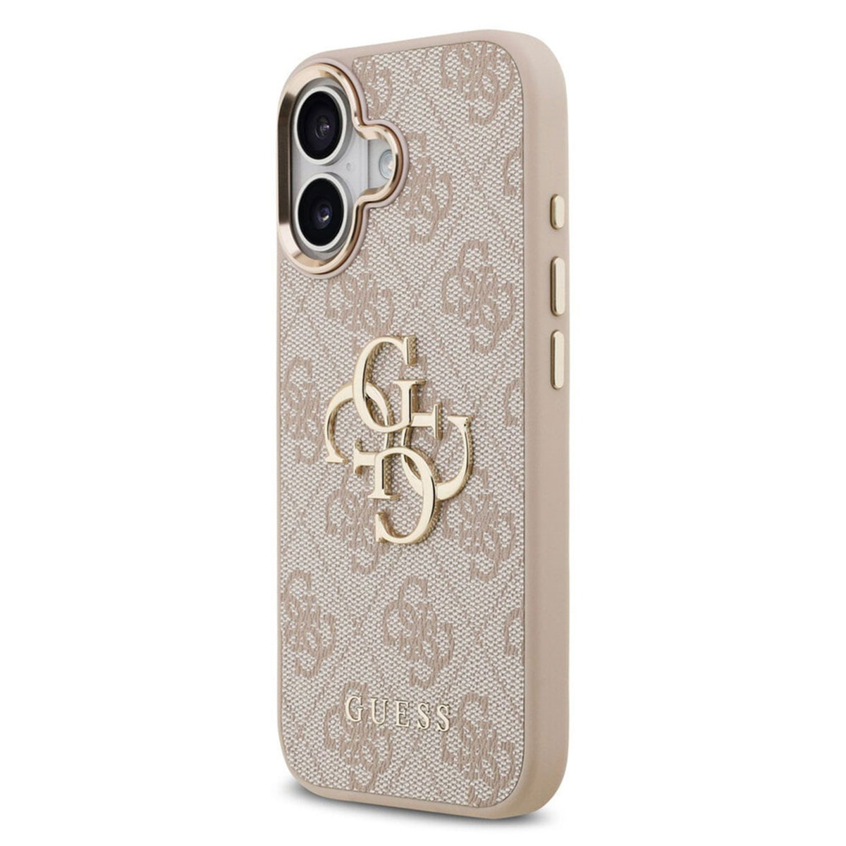 Una custodia per telefono beige con logo e motivo GUESS.