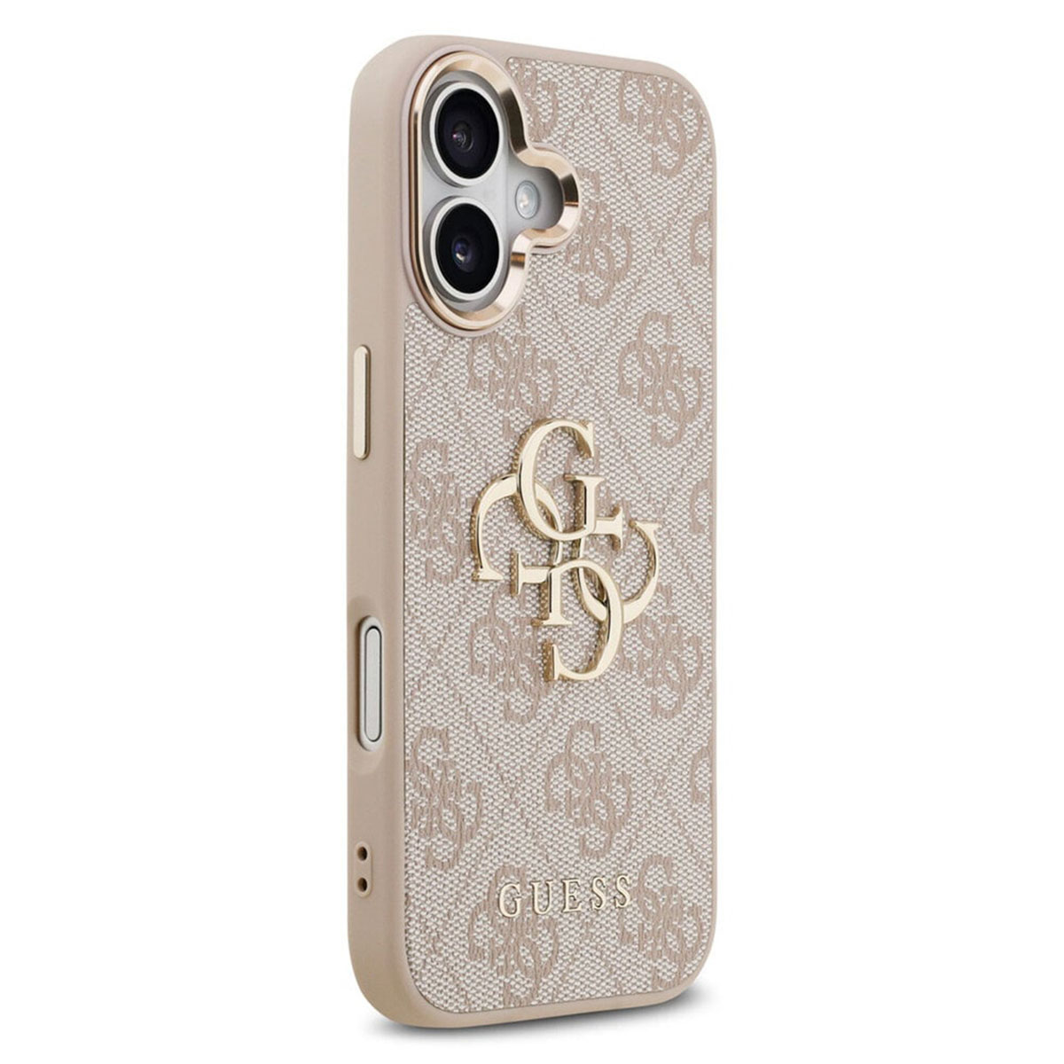 Una custodia per telefono beige con motivo logo Guess ripetuto ed emblema logo Guess dorato.