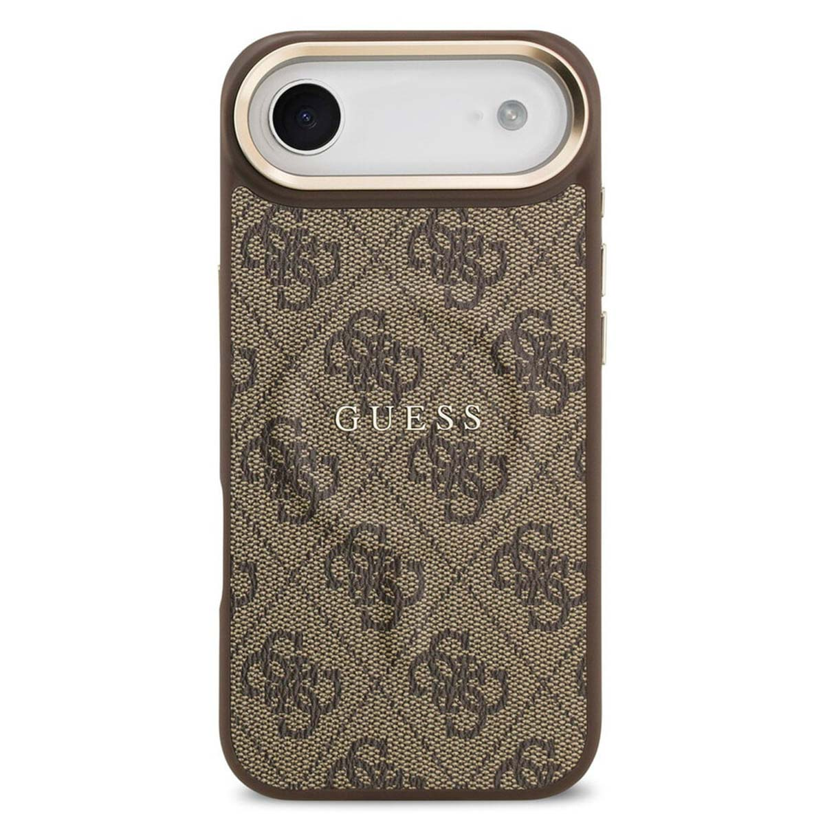 Custodia marrone Guess con motivo monogramma e ritaglio fotocamera.