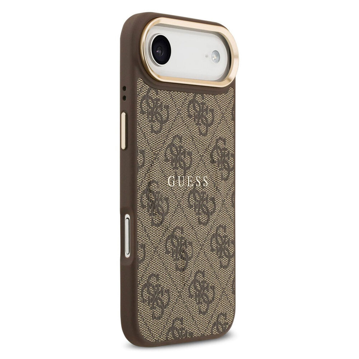 Custodia marrone per telefono con logo Guess e fantasia, foro fotocamera.