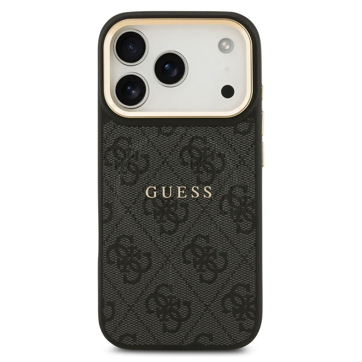 Custodia nera per telefono con logo GUESS e sistema fotocamera.