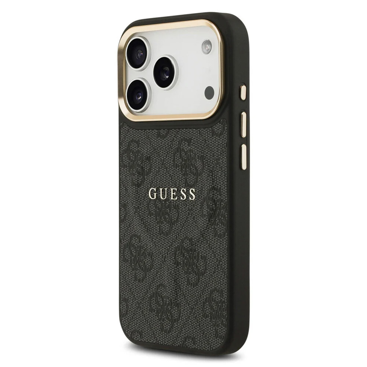 Custodia nera per telefono con logo GUESS e ritaglio fotocamera.