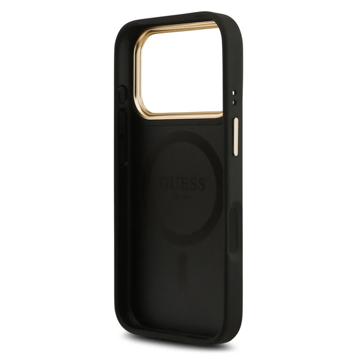 Cover nera per telefono con bordo dorato e logo Guess.
