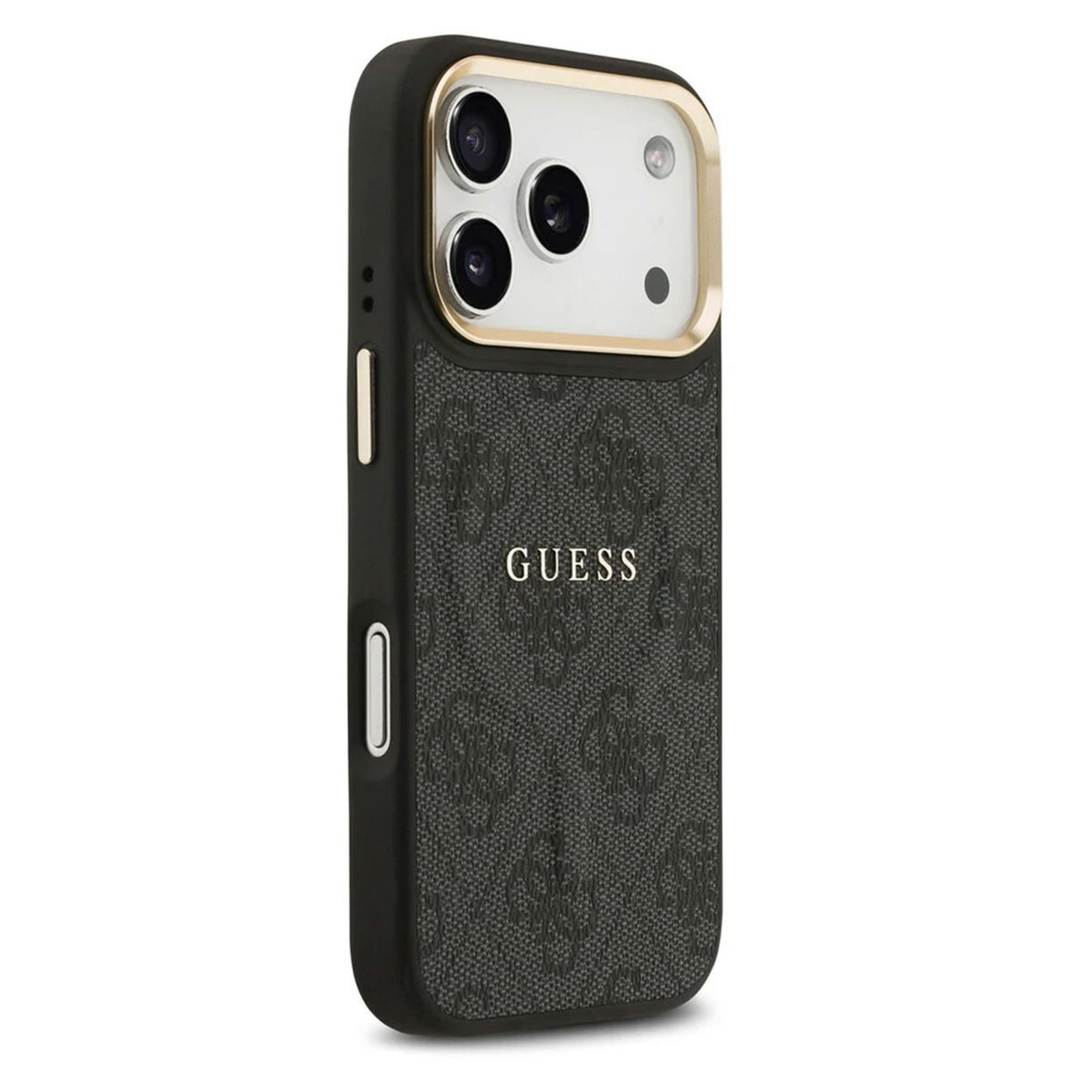 Custodia nera per telefono con logo GUESS e motivo, area fotocamera con bordo oro.
