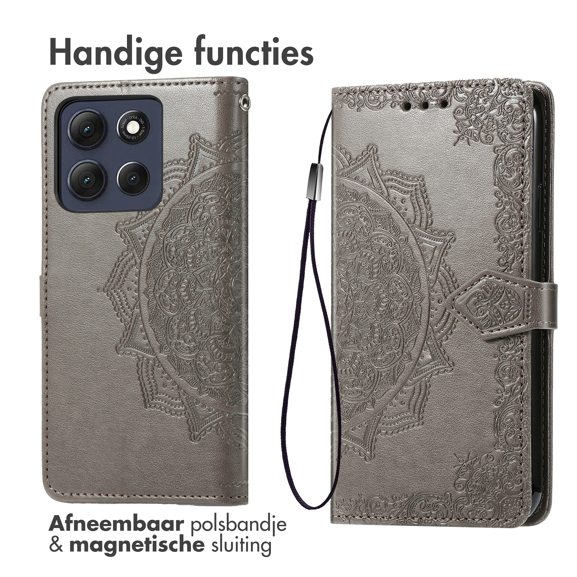 Étui de téléphone gris avec motif de mandala en relief et dragonne.
