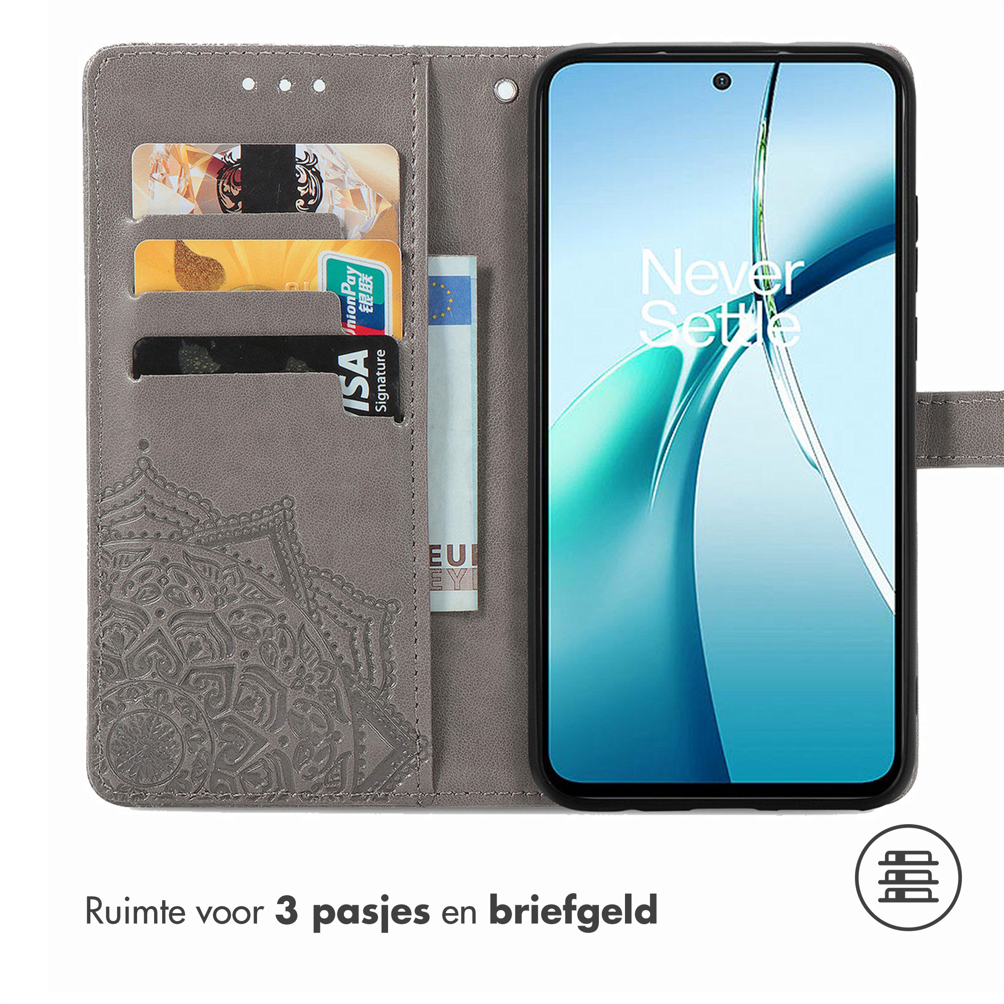 Étui portefeuille gris pour téléphone avec emplacements pour cartes et billets. Montre téléphone.