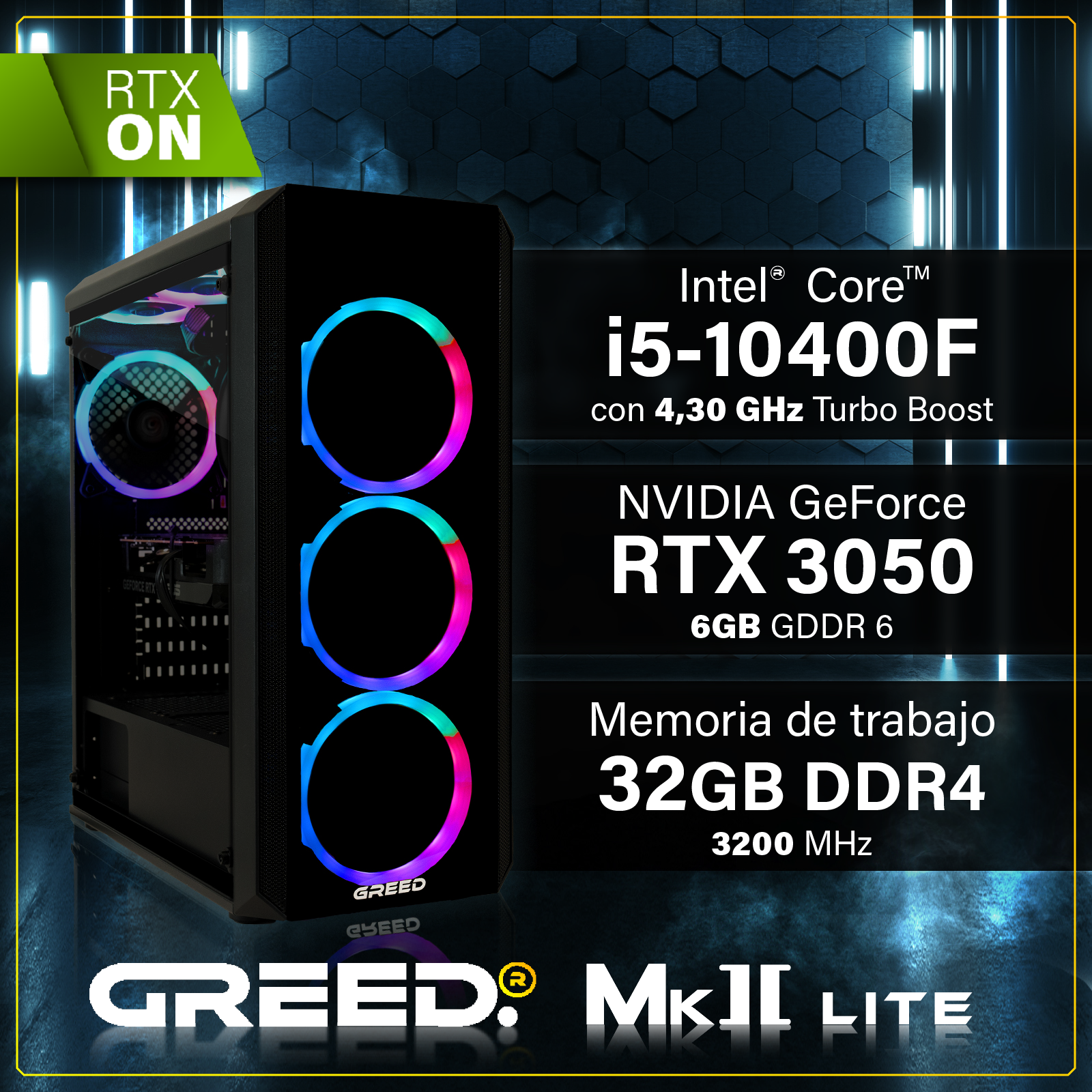 PC Gaming con ventiladores RGB, Intel i5-10400F, RTX 3050, 32GB DDR4.