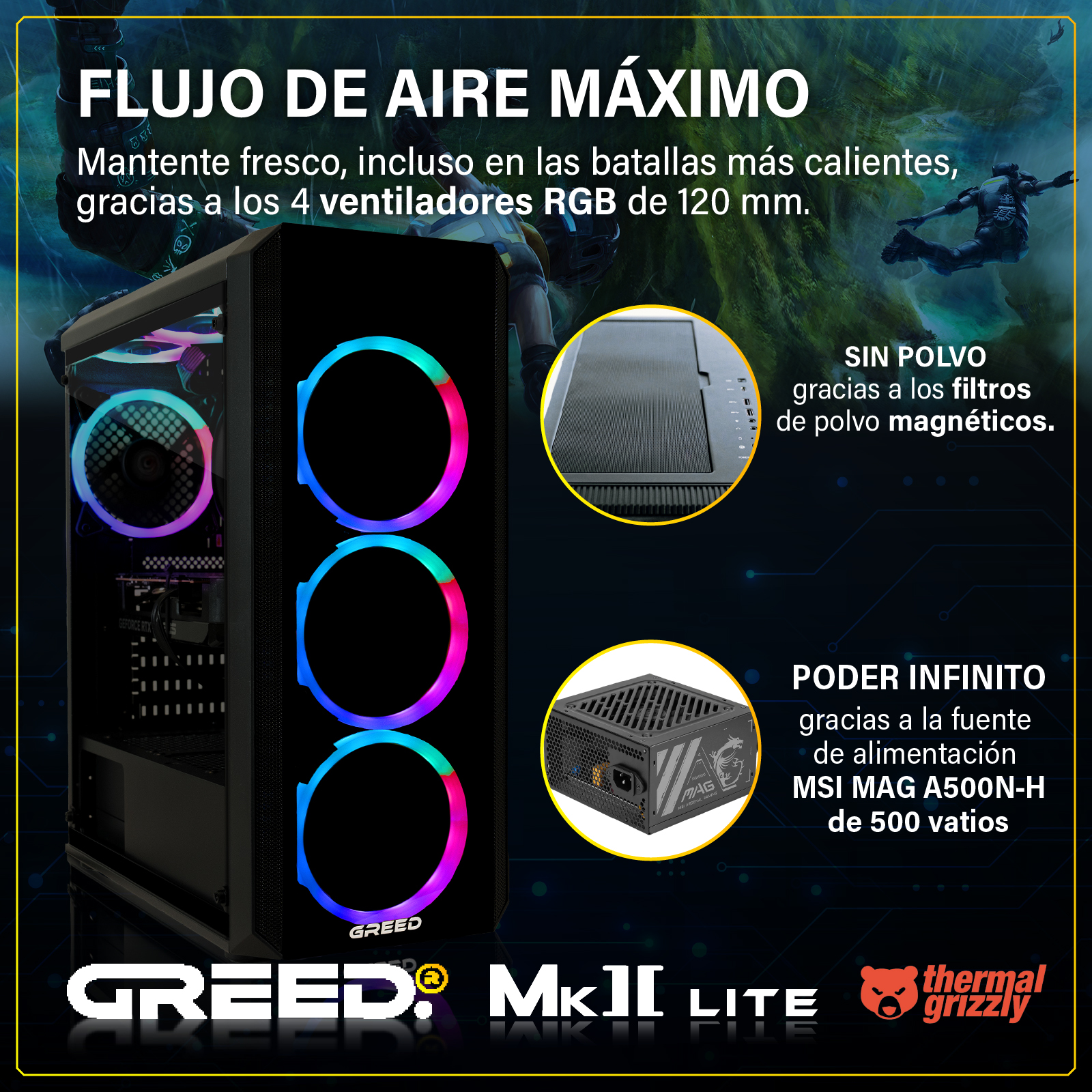 Una caja de PC con ventiladores RGB, fuente de alimentación y filtros.