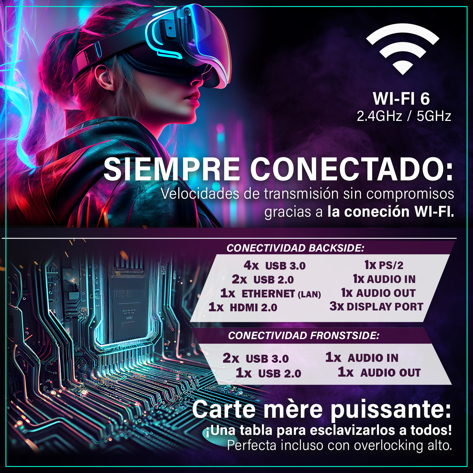 Usuario de RV con luces de neón, abajo placa de circuito con puertos y Wi-Fi 6.