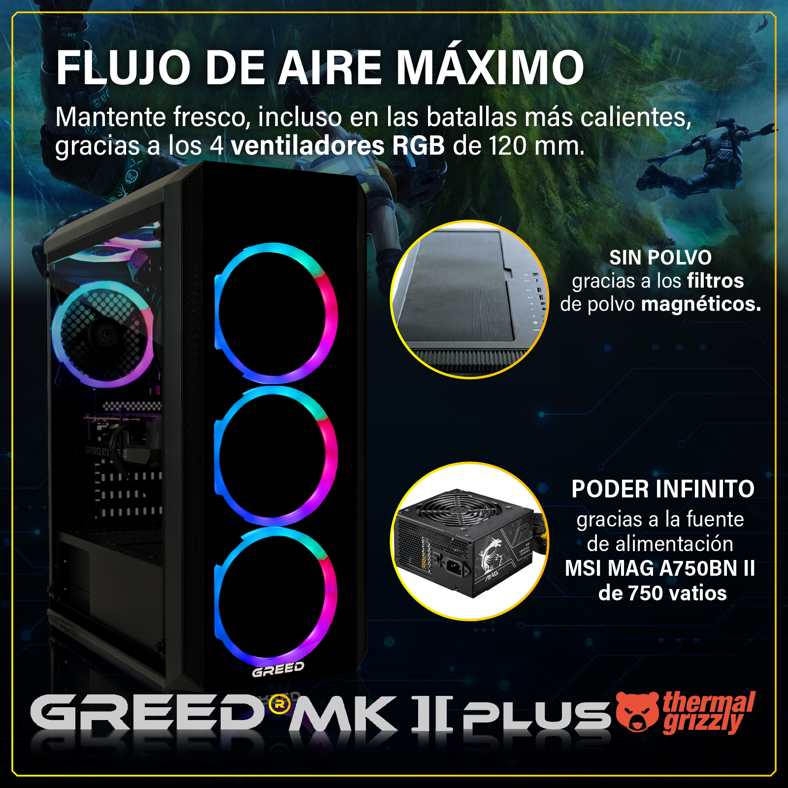 Una caja de PC con ventiladores RGB, fuente de alimentación y filtros.