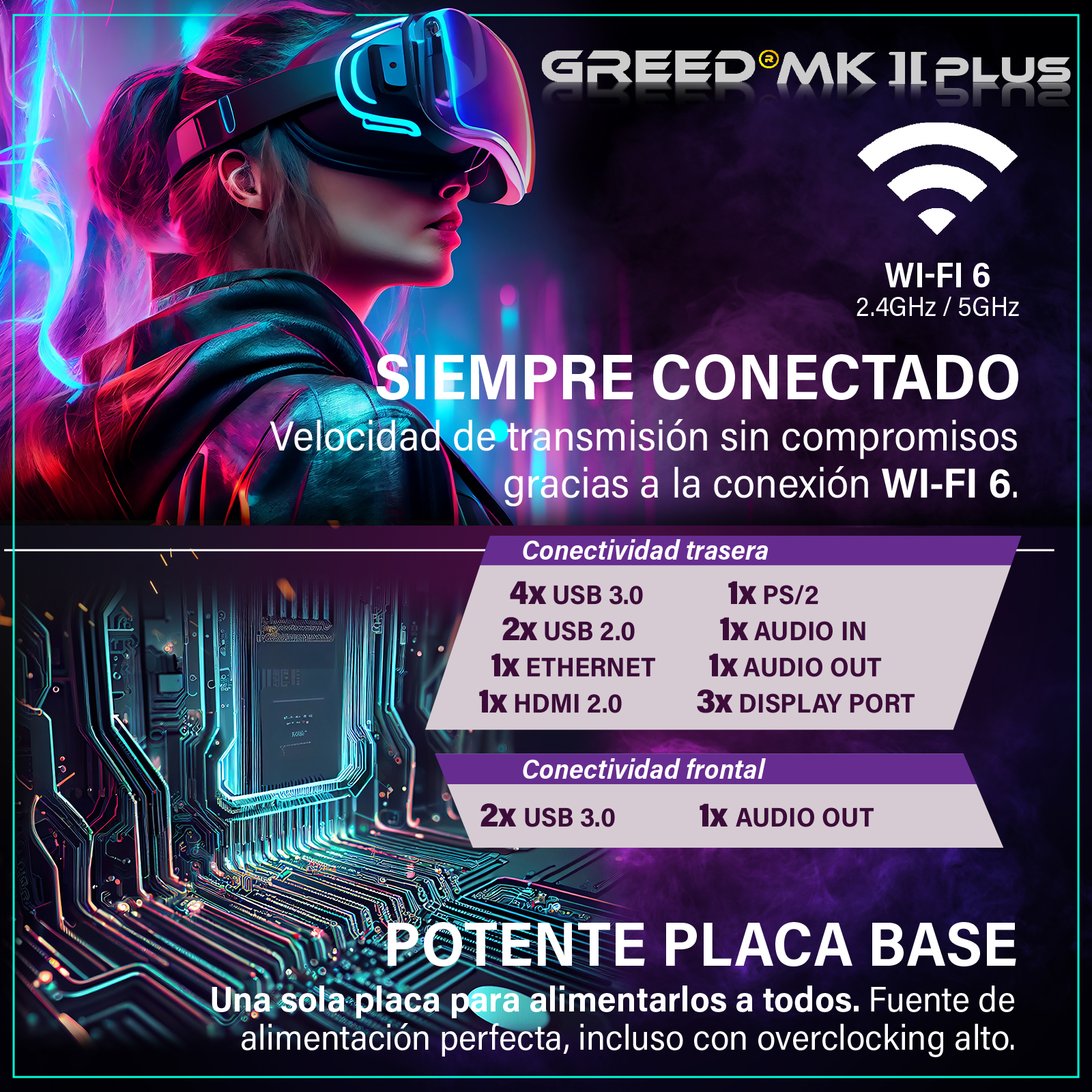 Mujer con gafas VR, Wi-Fi 6 y placa de circuito con puertos.