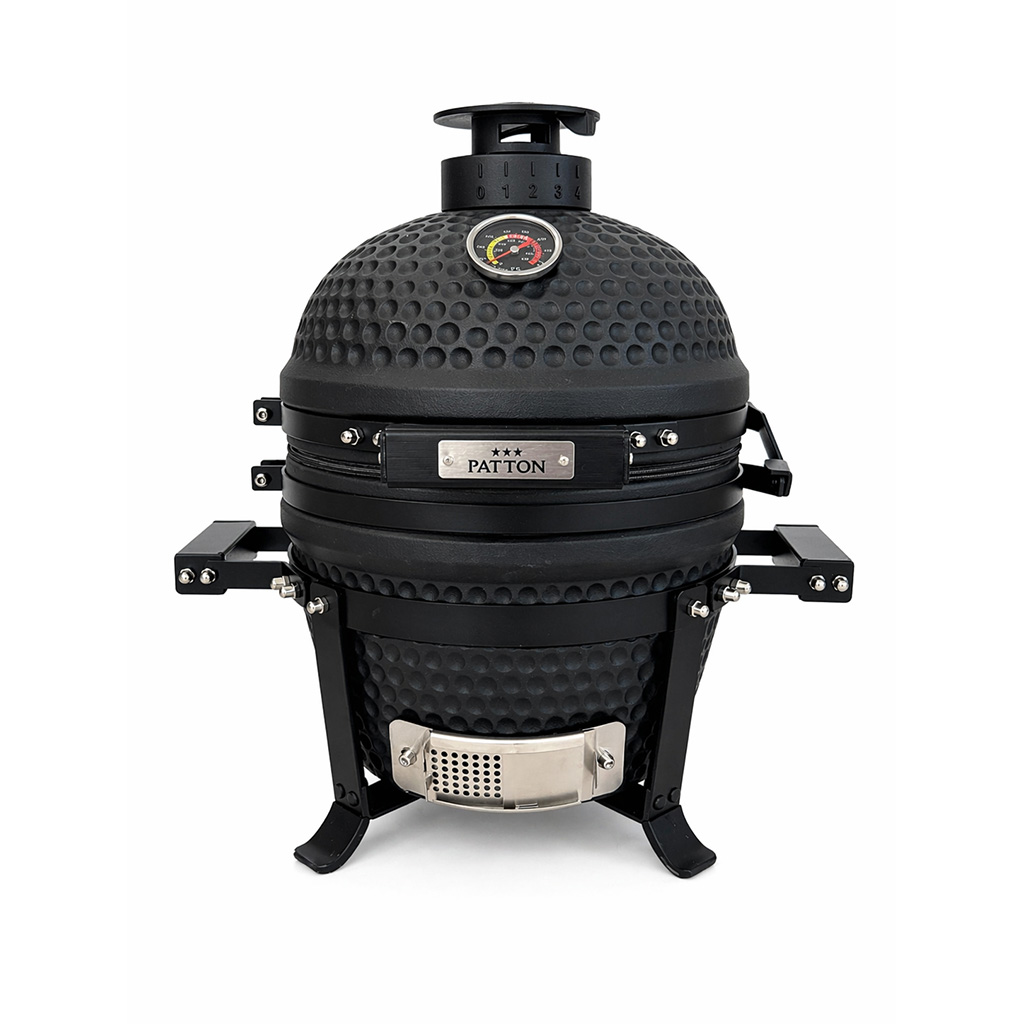 Schwarzer Keramikgrill mit Thermometer und silbernen Akzenten auf weißem Hintergrund.