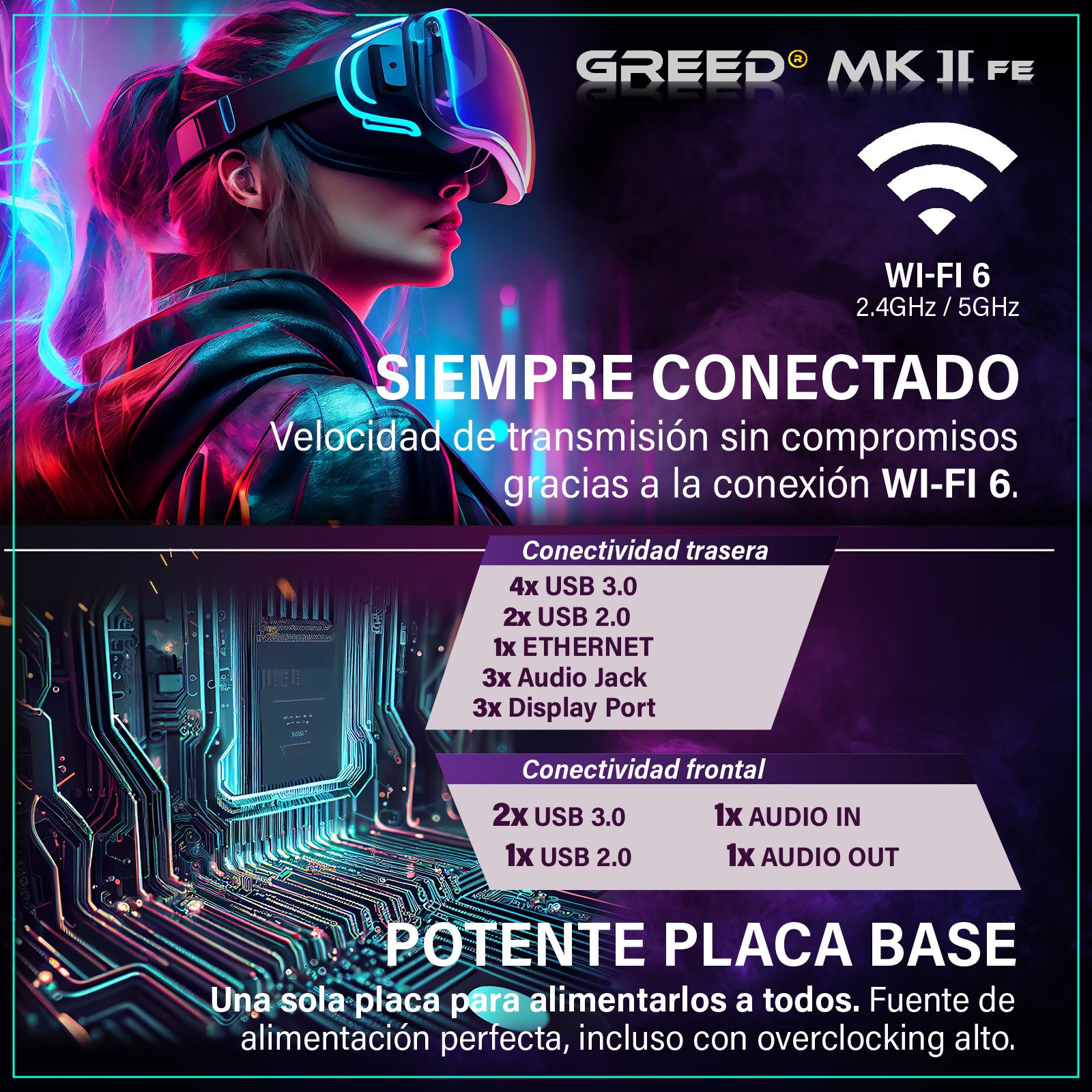 Mujer con gafas VR, gráficos digitales, Wi-Fi 6 y puertos mostrados.