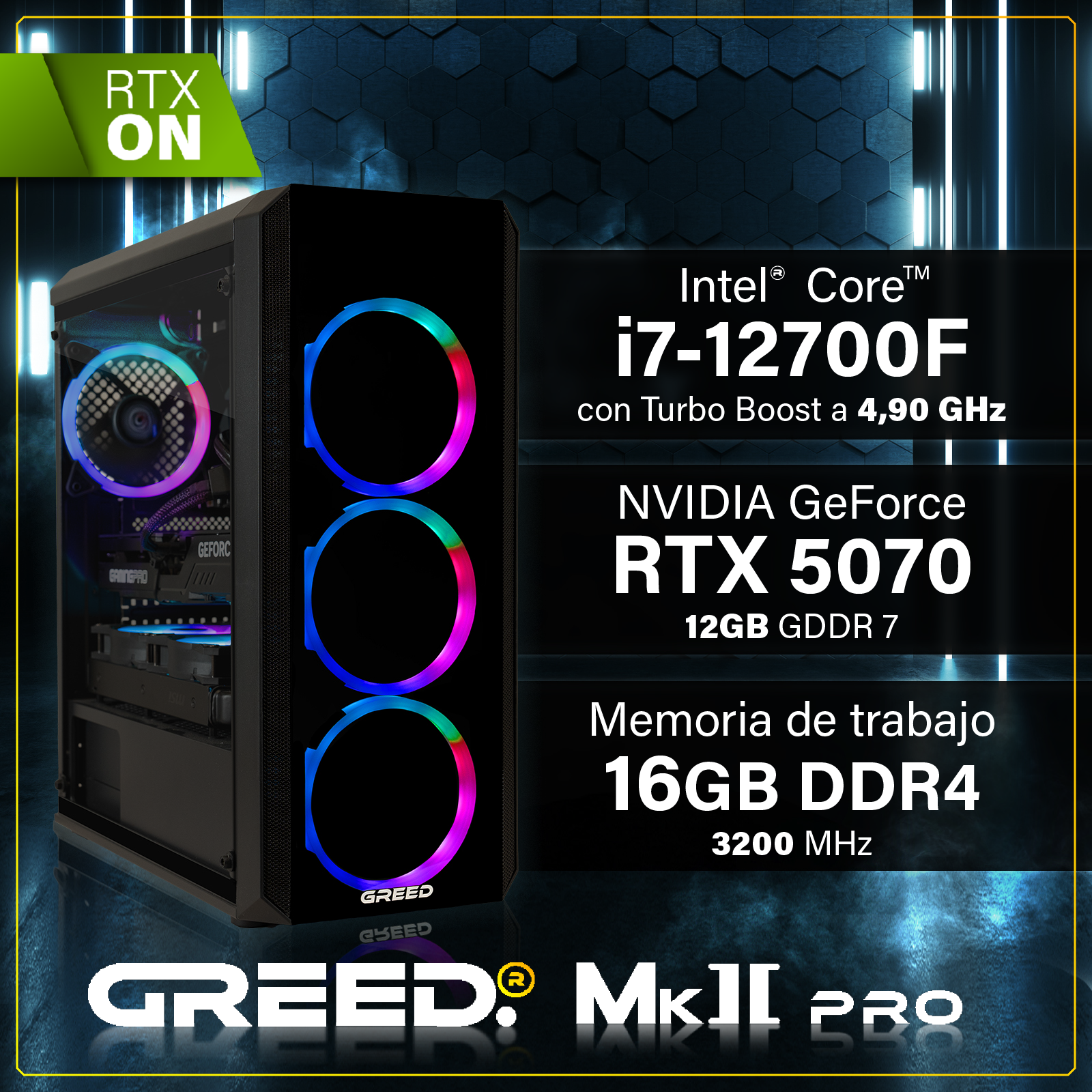 Una torre de PC negra con ventiladores RGB, Intel i7-12700F, RTX 5070, 16GB DDR4.