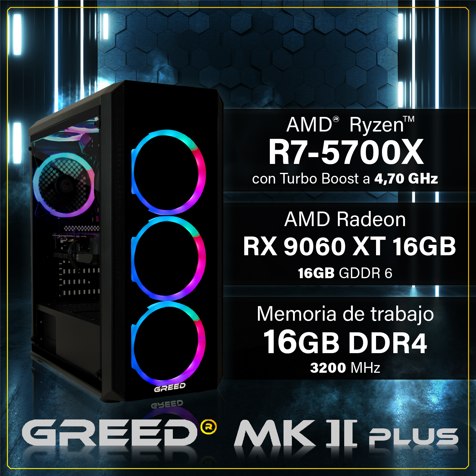 Una caja de PC con ventiladores RGB, con CPU AMD Ryzen R7-5700X y especificaciones.
