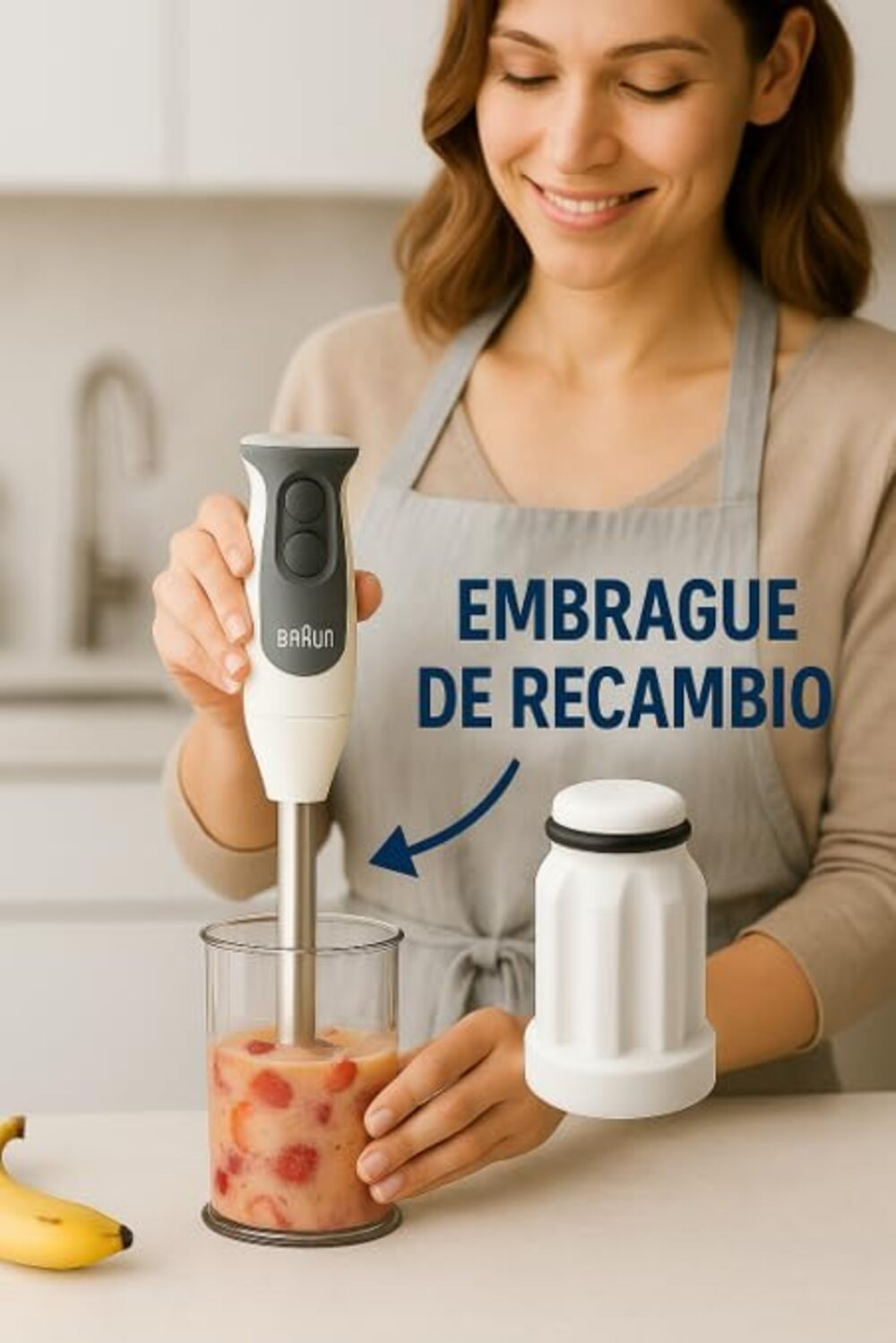 Una mujer mezcla fruta en un vaso con una batidora de inmersión. Una pieza de repuesto.