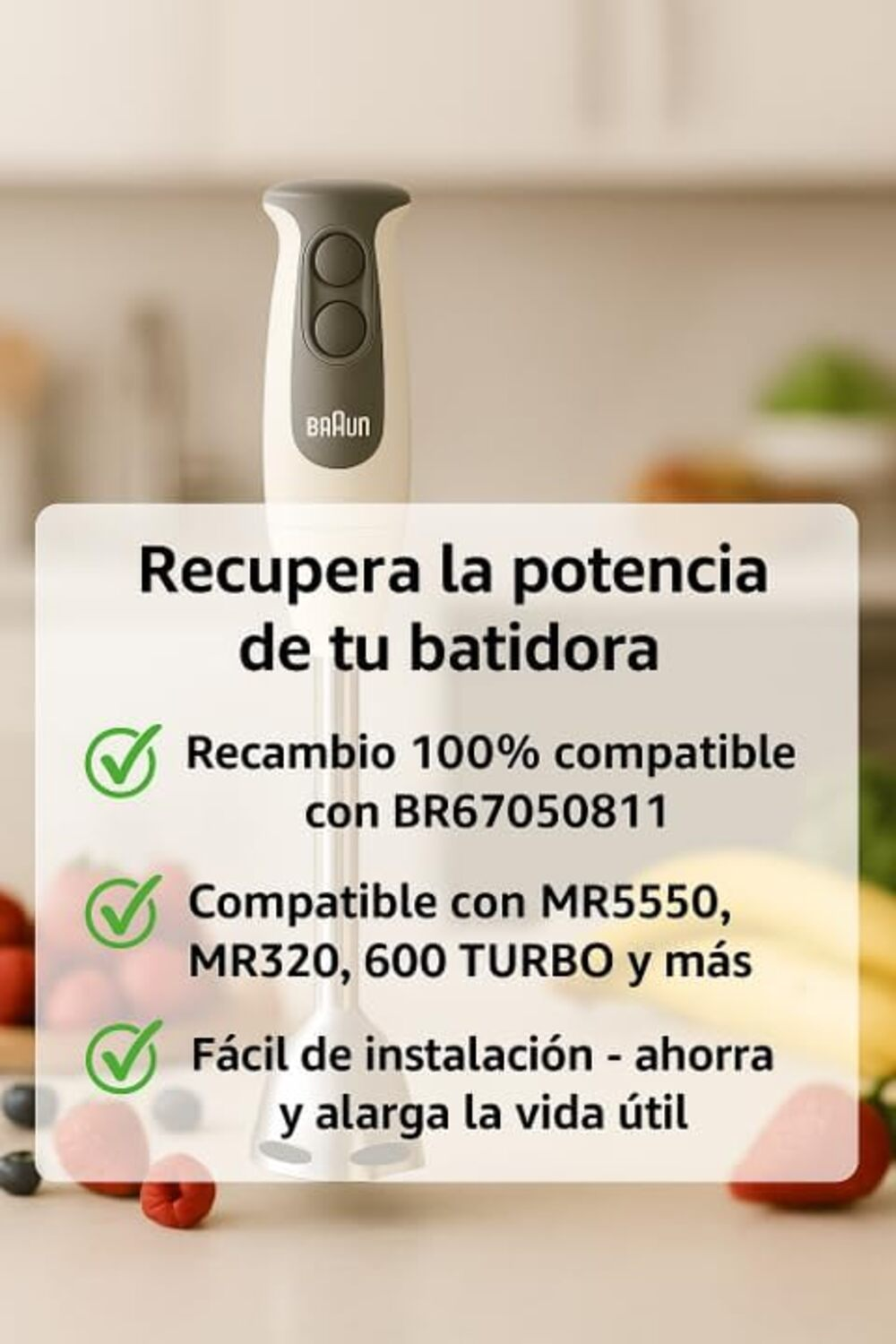 Un batidora de mano Braun blanco y gris con texto sobre compatibilidad e instalación fácil.
