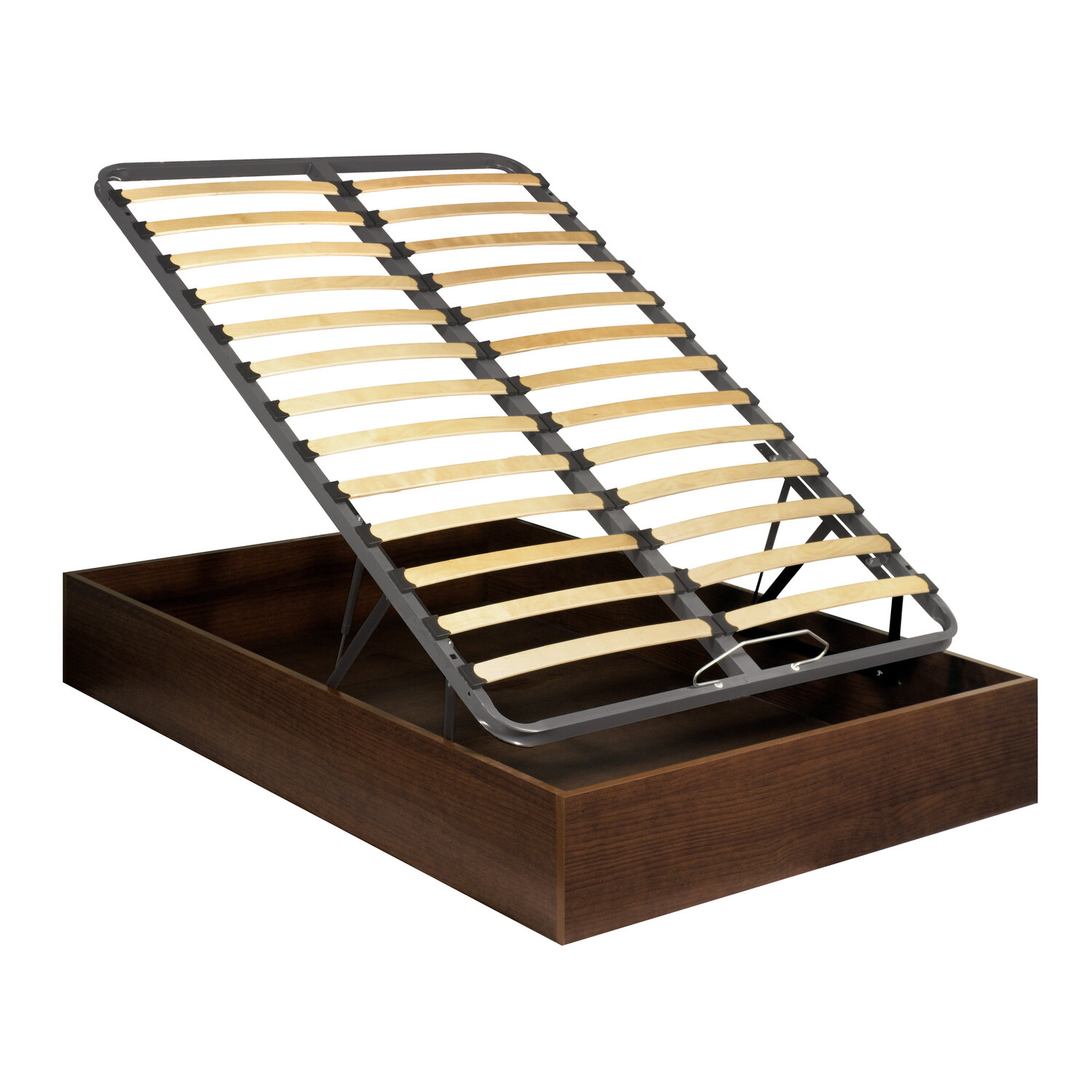 Una base de cama marrón oscura con somier de láminas de madera y metal abierto.