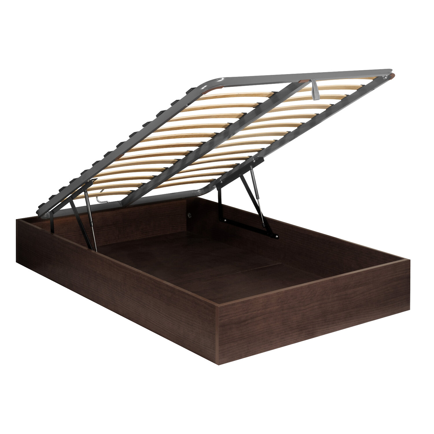 Estructura de cama de madera abierta con mecanismo metálico y somier.