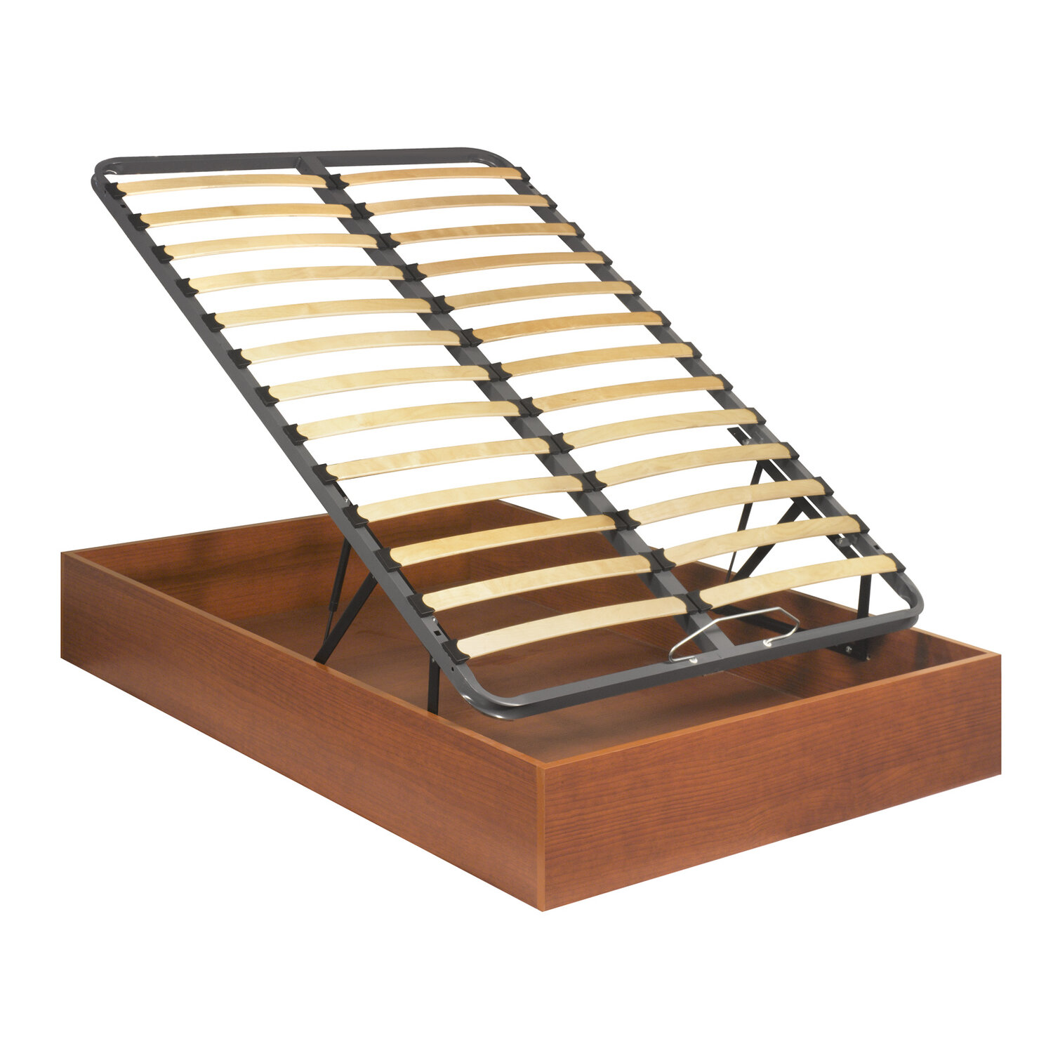 Estructura de cama con listones de madera y base de madera marrón abierta.