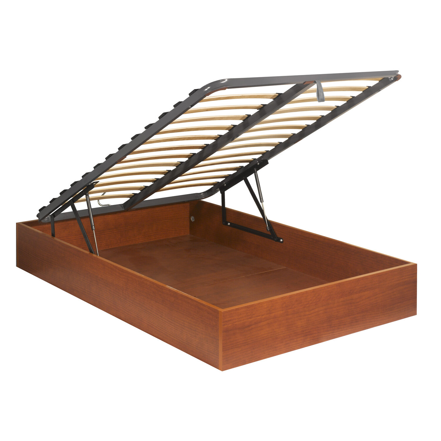 Una base de cama de madera con el somier levantado, aislada en blanco.