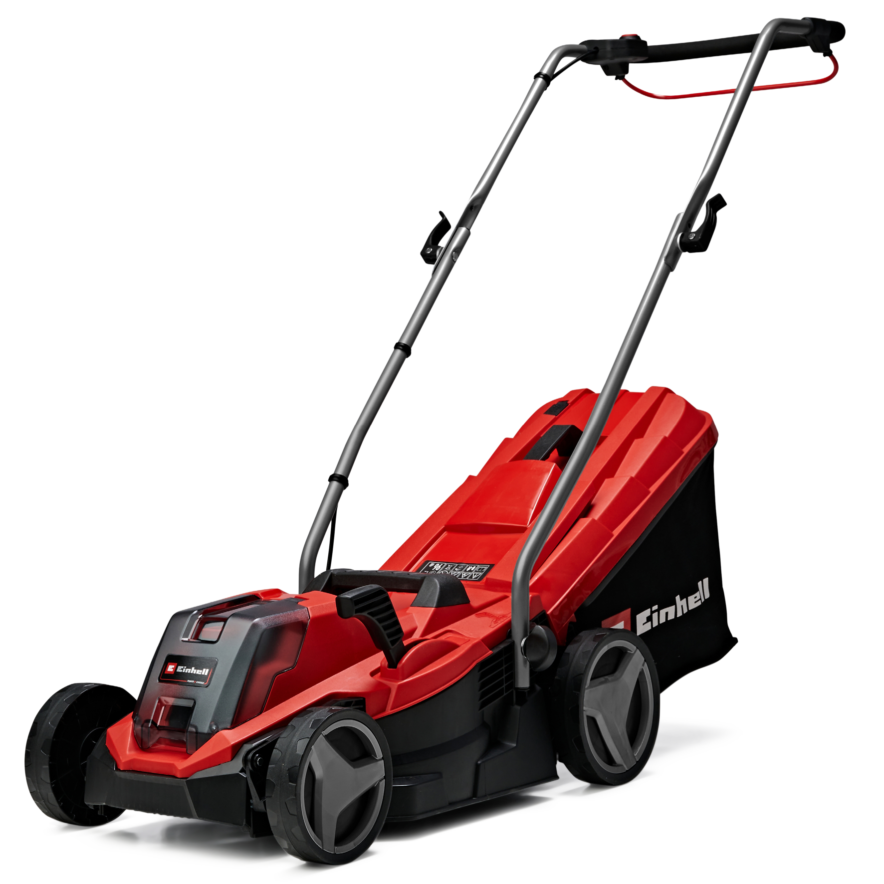 Rasenmäher von Einhell rot mit schwarzem Grasfangkorb und Silber.