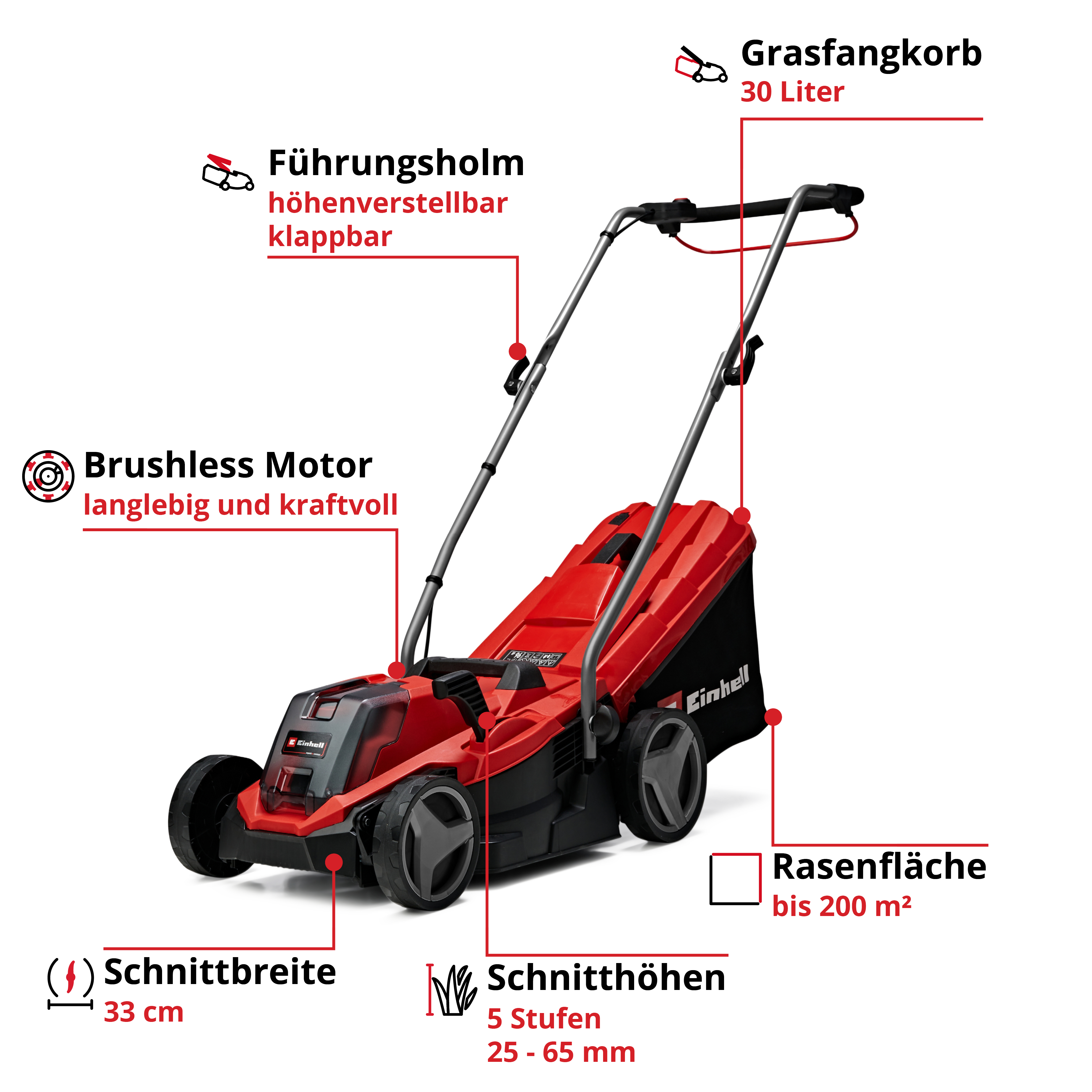 Rasenmäher mit Grasfangkorb, Schnitthöhe 25-65mm, Schnittbreite 33cm.
