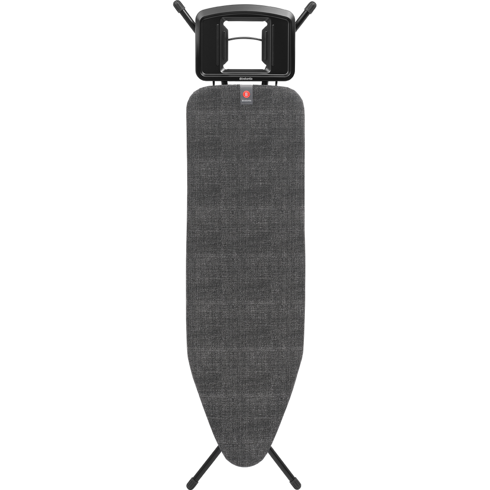 Une planche à repasser Brabantia gris foncé avec un cadre en métal noir et des pieds réglables.