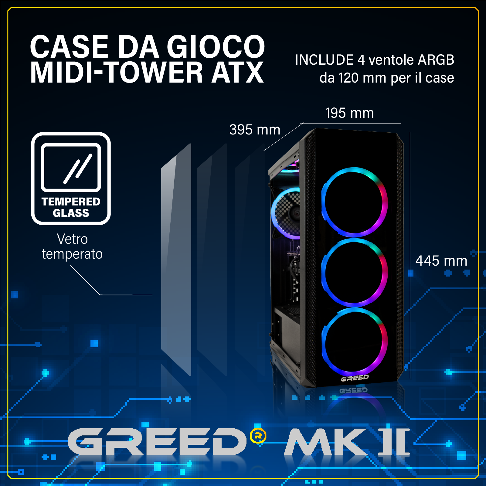 Case ATX midi-tower nero con ventole ARGB, frontale in vetro e dimensioni.