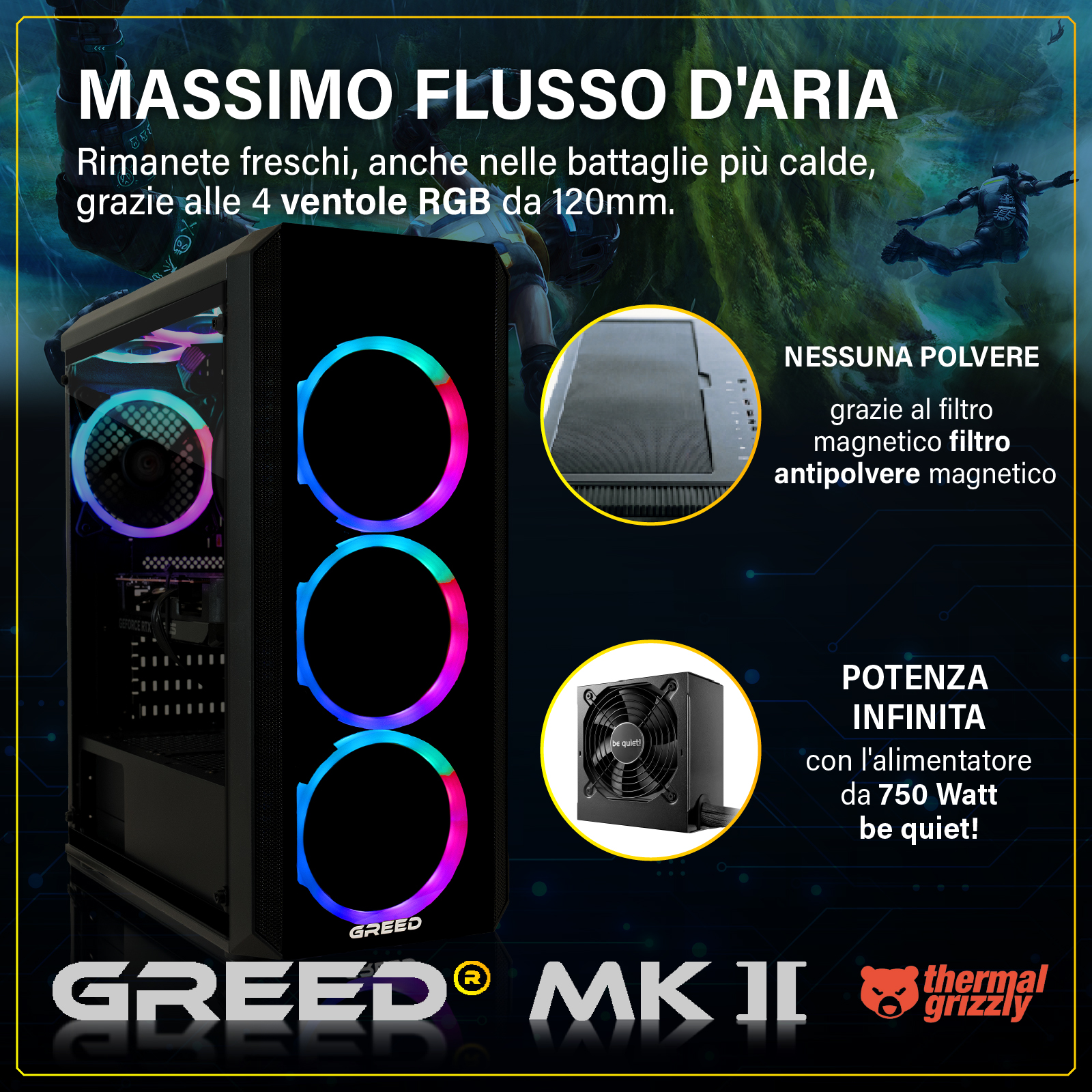 Un case per PC da gioco con ventole RGB e alimentatore.