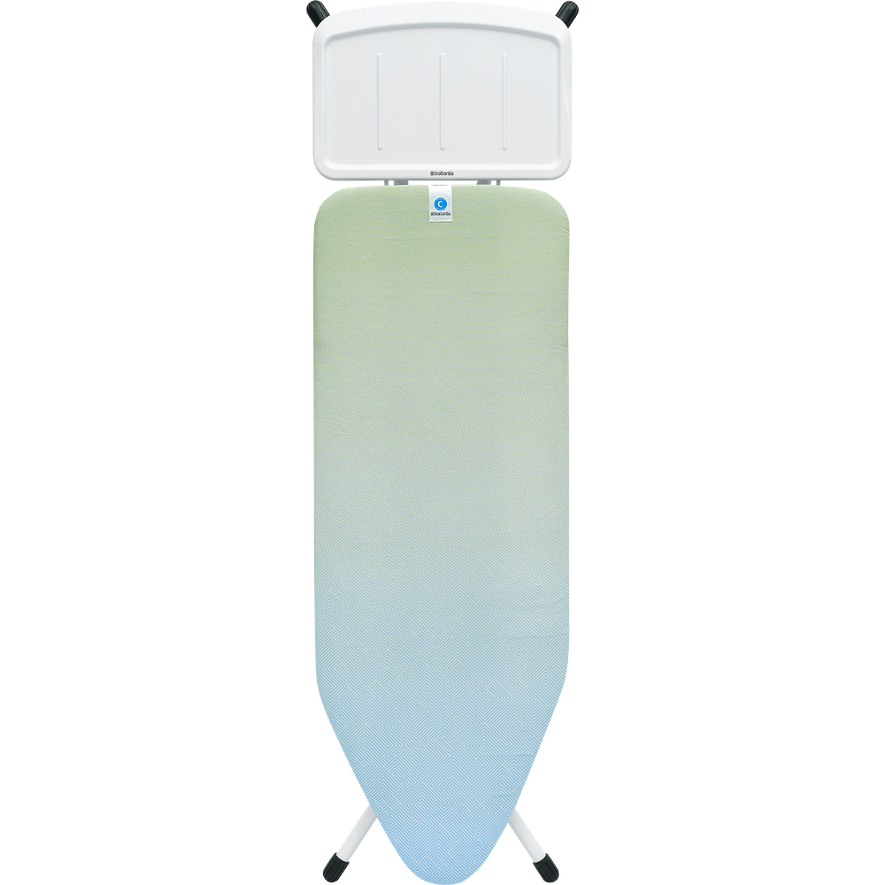 Een wit strijkplank met groen-blauwe gradiënt en zilveren poten.