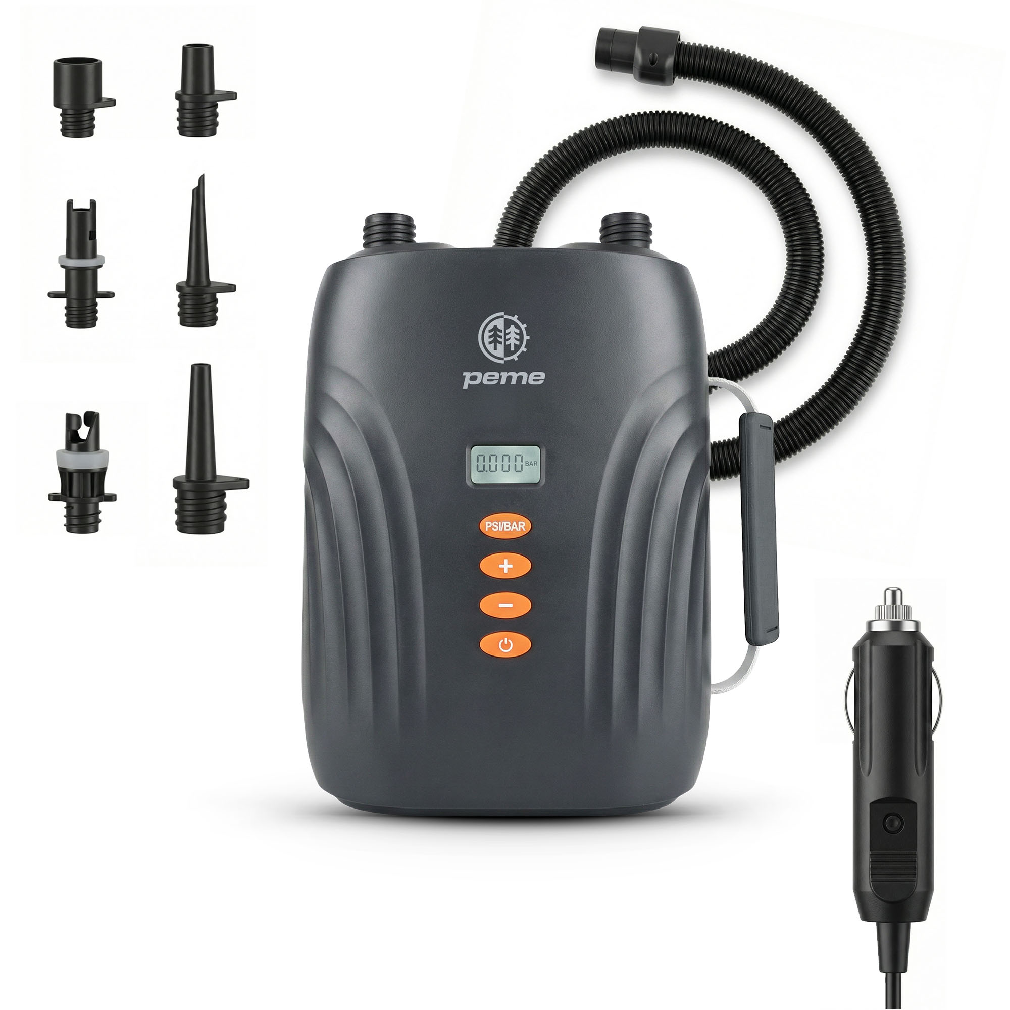 Pompe électrique grise avec tuyau, jeu d'adaptateurs et chargeur de voiture.