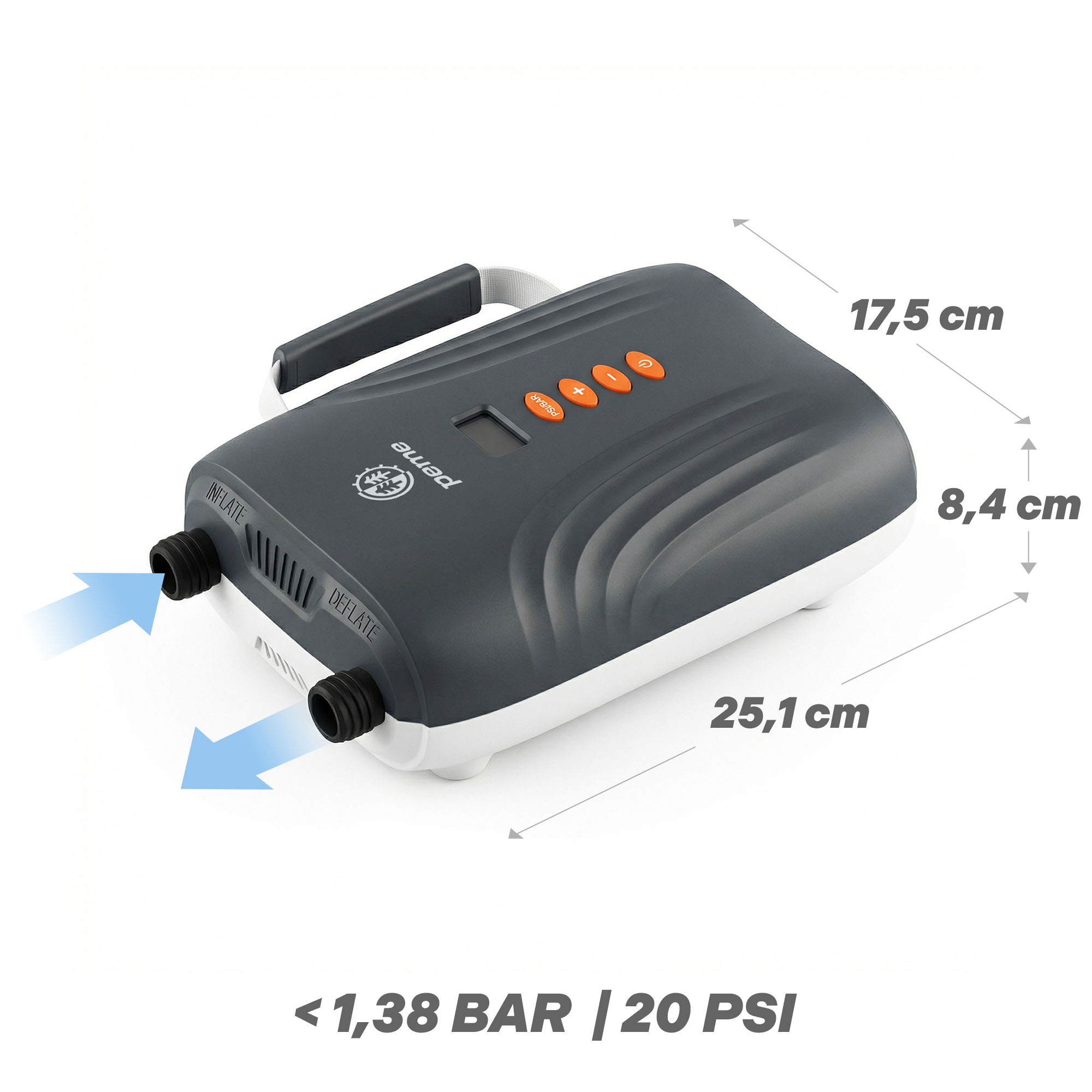 Une pompe à air électrique gris foncé avec poignée, boutons et ports.