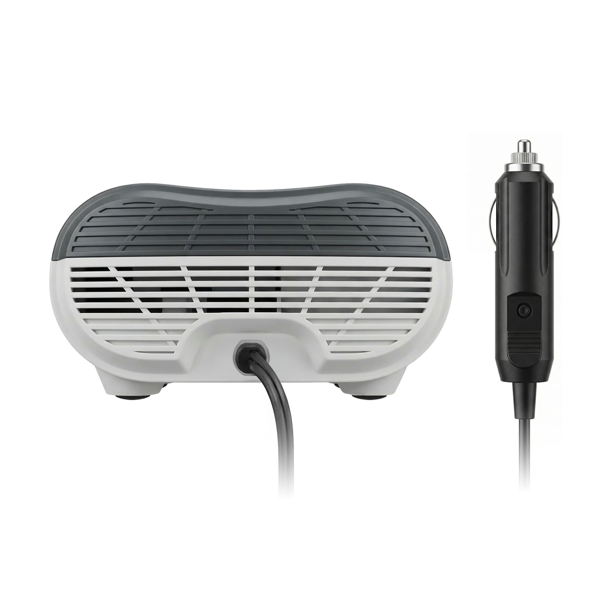 Un ventilateur blanc et gris avec une prise de voiture noire à côté.